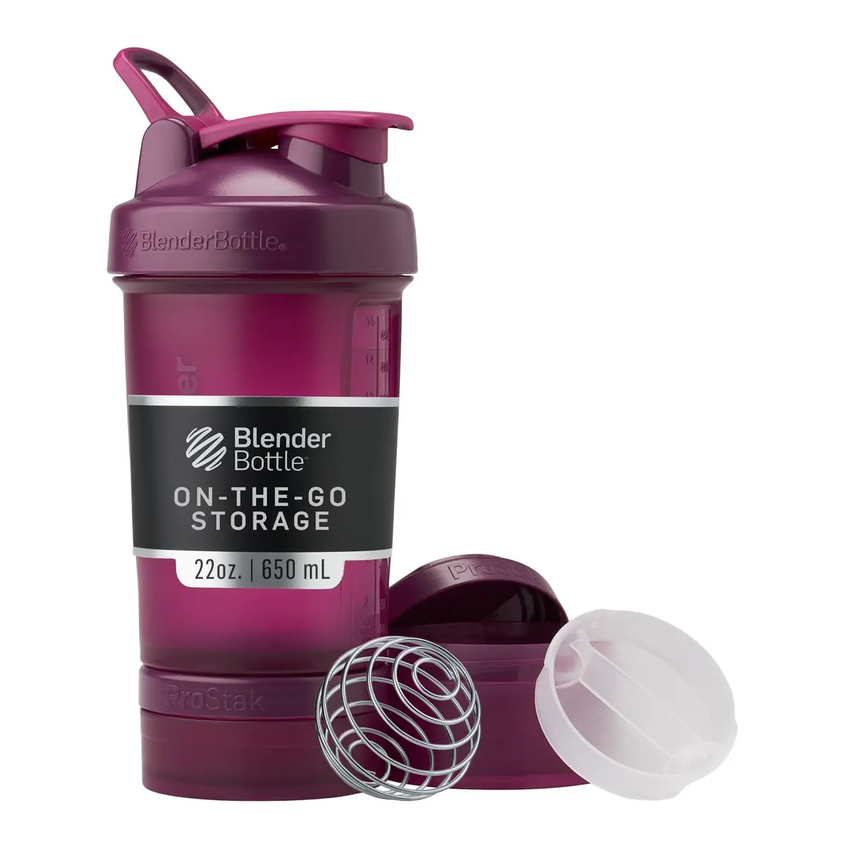 BlenderBottle ProStak Shaker Bottle with Pill Organizer & Storage Jars 650ml (22 oz) Plum | Leak-Proof Mixing System - main product image