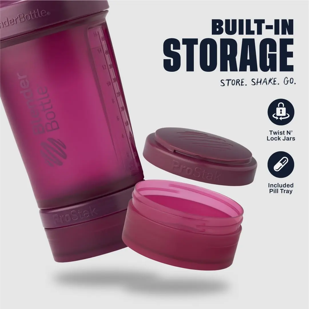 BlenderBottle ProStak Shaker Bottle with Pill Organizer & Storage Jars 650ml (22 oz) Plum | Leak-Proof Mixing System - view 2