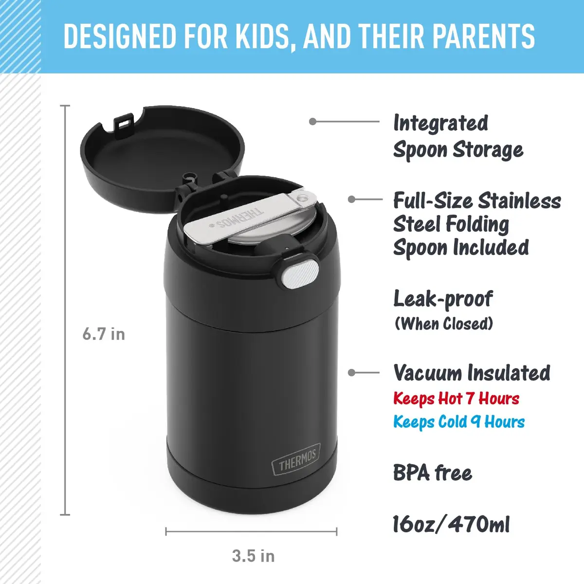 THERMOS FUNTAINER Food Jar with Spoon, 16oz (473ml) Matte Black | Keeps Food Hot 7 Hrs, Cold 9 Hrs - view 2