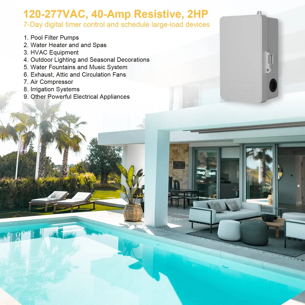 SURAIELEC Digital Pool Timer, 40Amp 2HP, 120/240/277VAC, 24-Hour Display | Heavy Duty High Power Timer for Pool & Outdoor Appliances - view 6