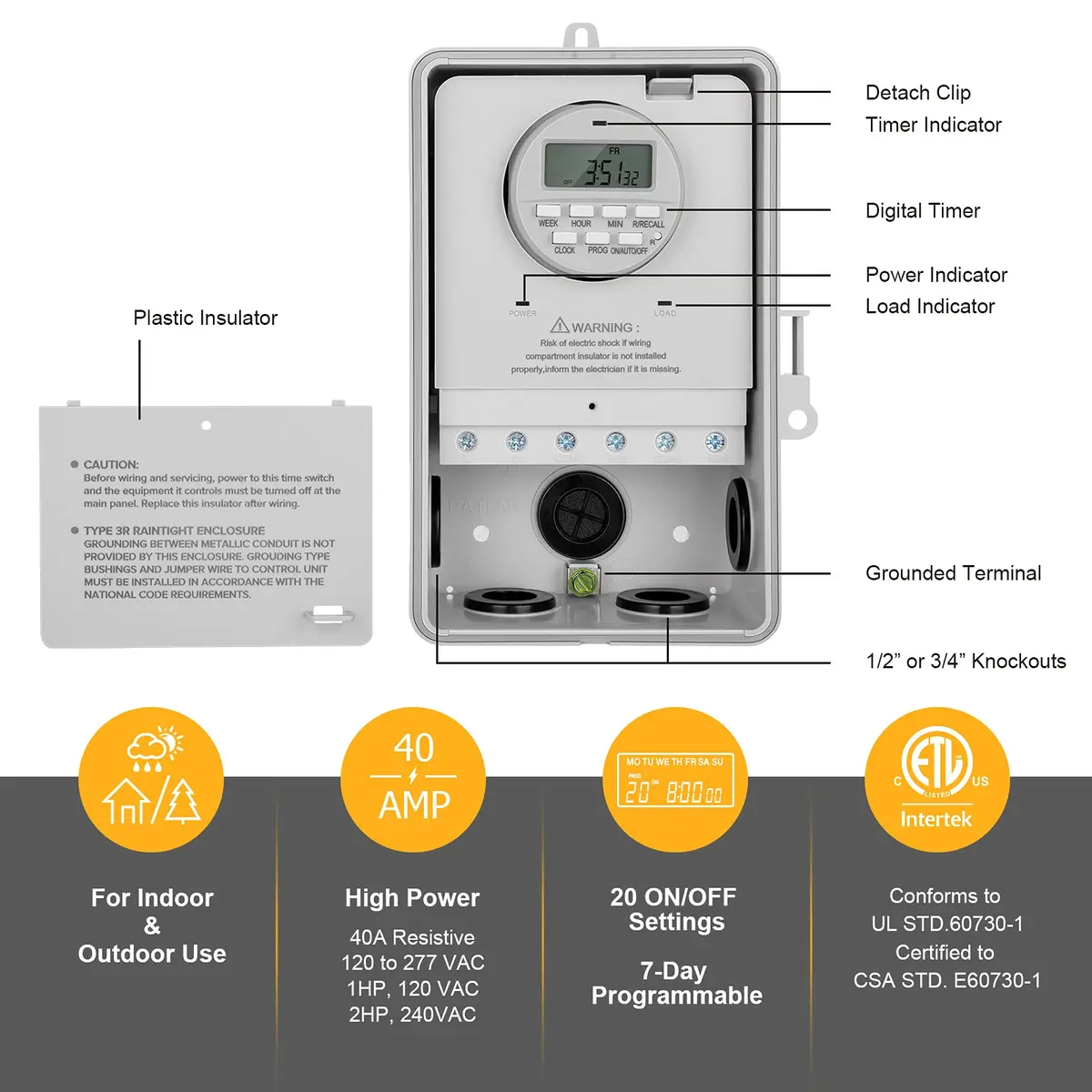 SURAIELEC Digital Pool Timer, 40Amp 2HP, 120/240/277VAC, 24-Hour Display | Heavy Duty High Power Timer for Pool & Outdoor Appliances - view 2