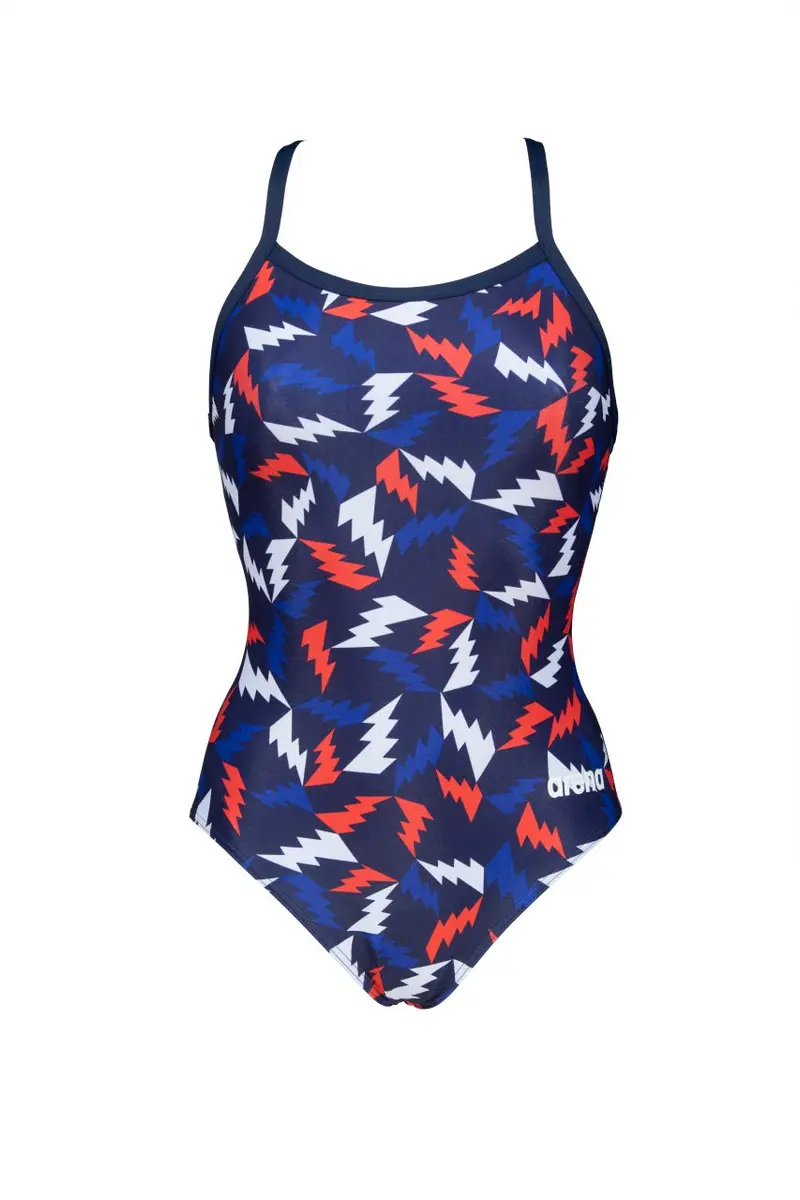 ARENA Women's Print Light Drop Back MaxLife One Piece Athletic Swimsuit, Lightning Colors Navy/Red, 32 | Chlorine-Resistant, Comfortable Fit - main product image