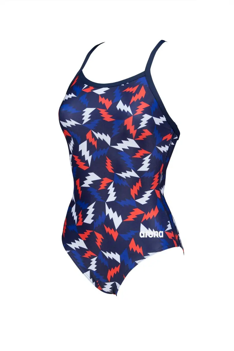 ARENA Women's Print Light Drop Back MaxLife One Piece Athletic Swimsuit, Lightning Colors Navy/Red, 32 | Chlorine-Resistant, Comfortable Fit - view 2