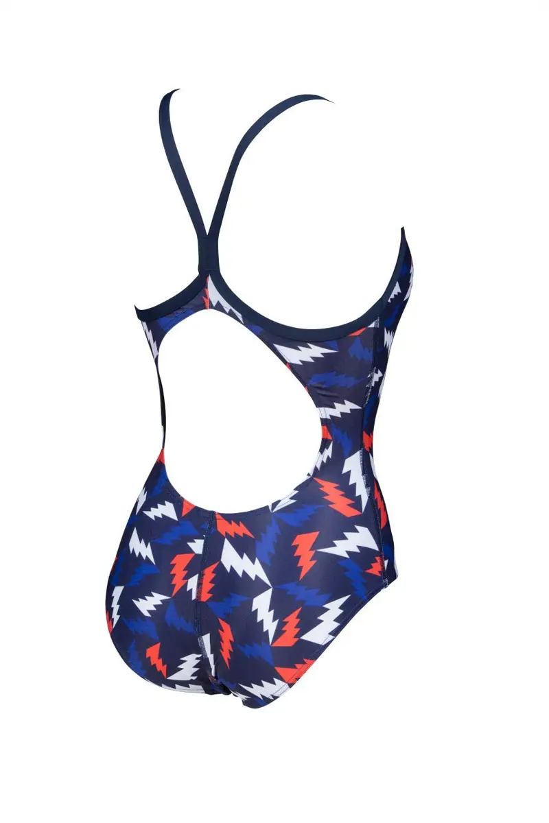 ARENA Women's Print Light Drop Back MaxLife One Piece Athletic Swimsuit, Lightning Colors Navy/Red, 32 | Chlorine-Resistant, Comfortable Fit - view 3