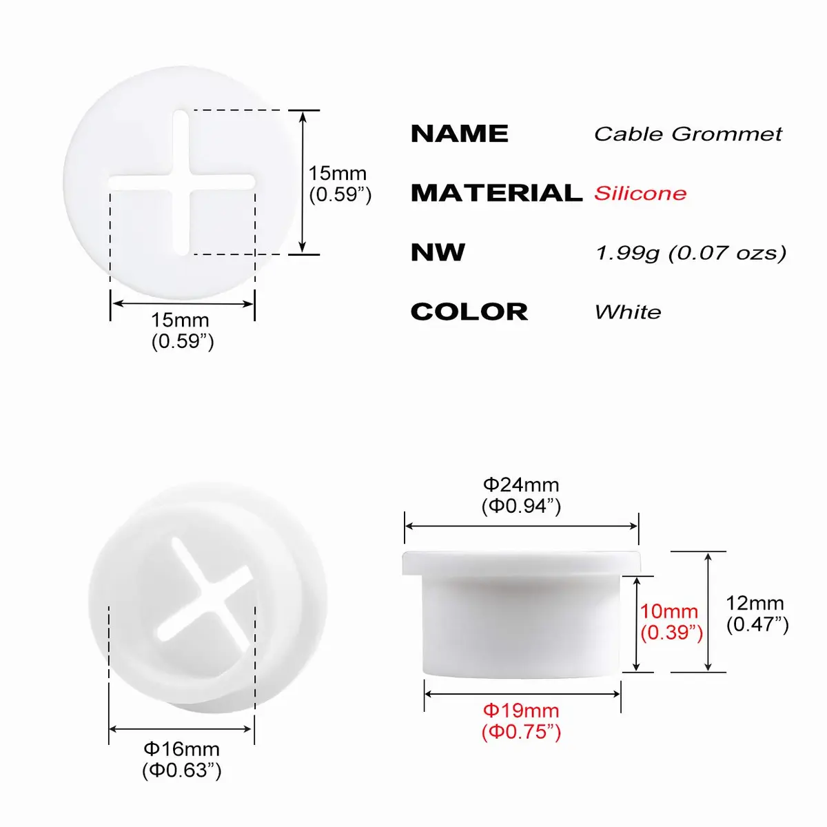 Keenkee 8 Pack Cable Cord Grommets 3/4 Inch Flexible White Silicone Rubber | For Desk and Furniture Wire Management - view 2