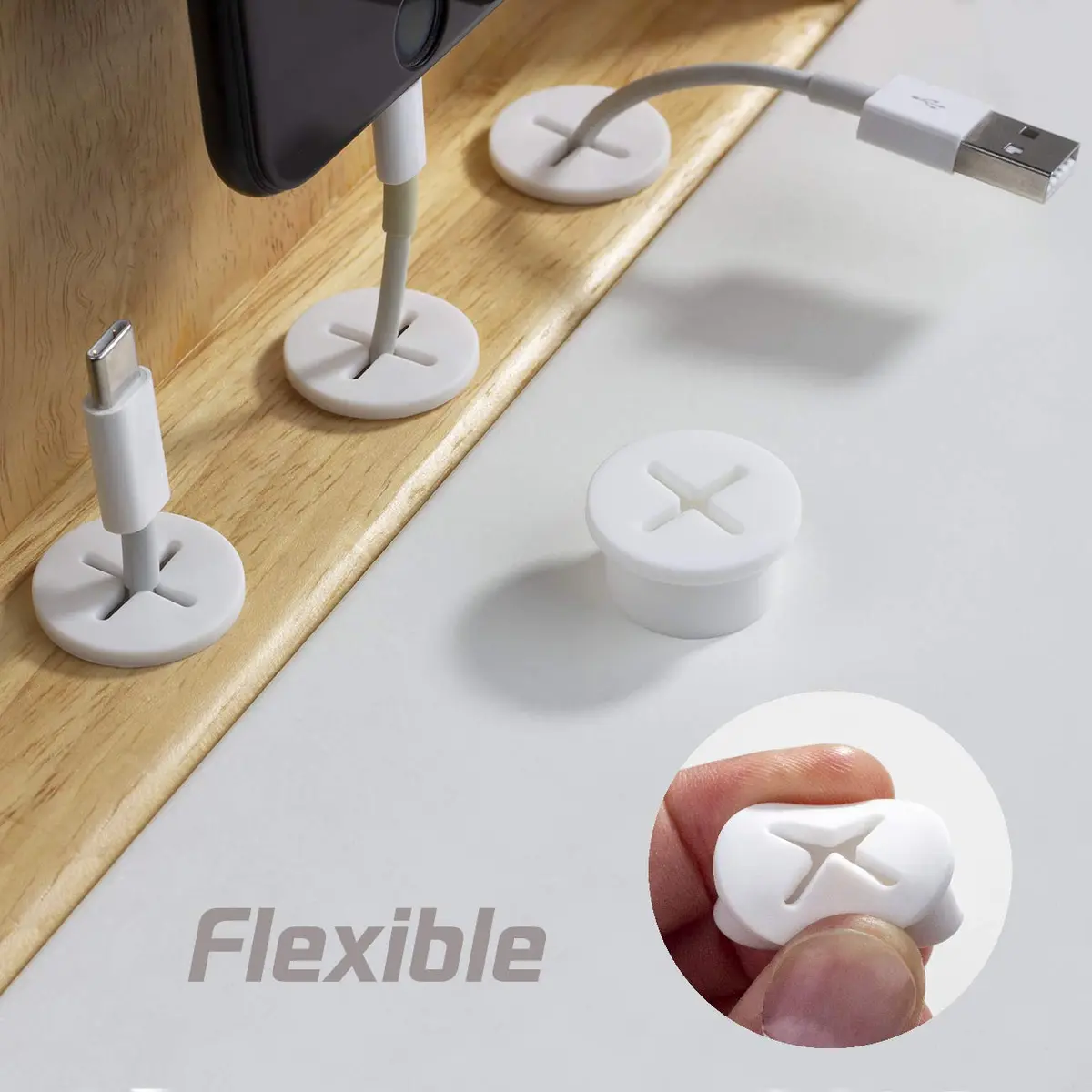 Keenkee 8 Pack Cable Cord Grommets 3/4 Inch Flexible White Silicone Rubber | For Desk and Furniture Wire Management - view 4