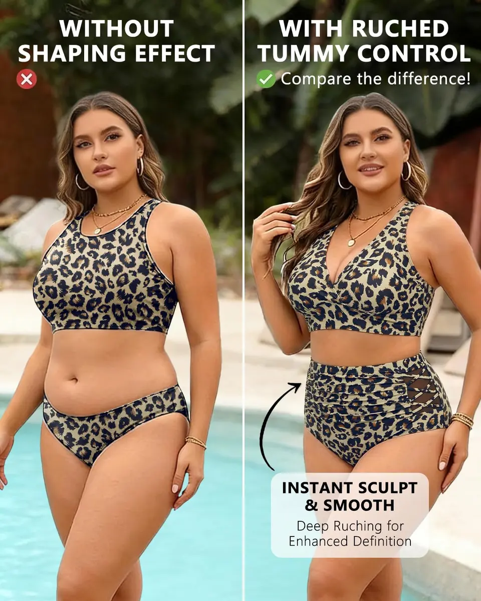 Yonique Plus Size Bikini High Waisted Swimsuit Leopard 16Plus | Tummy Control & Support (70-120 chars) - view 5