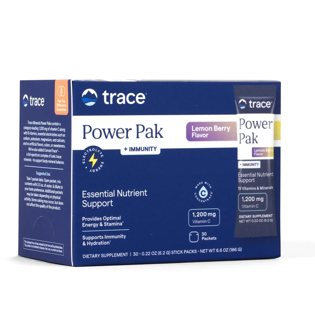Trace Minerals Power Pak Electrolyte Powder Packets, Lemon Berry | 30 Ct, Hydration & Immunity Support - main product image