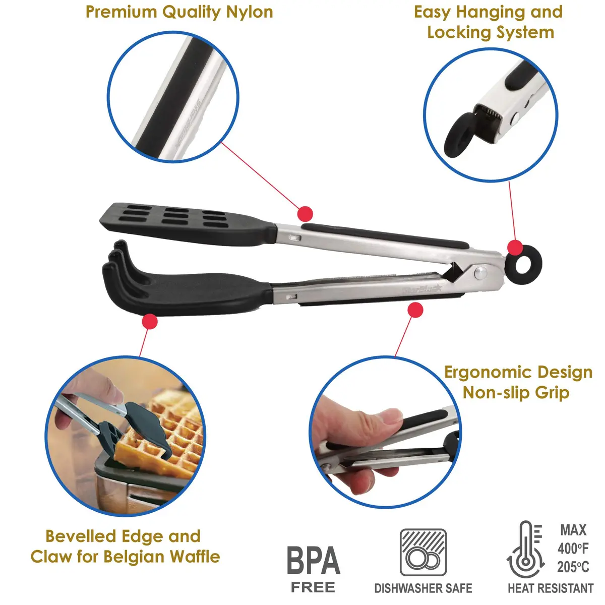 StarBlue Mini Waffle Tongs 8 Inches (20.3 cm) | Heat-Resistant Silicone & Nylon Serving Tongs with Lock - view 2