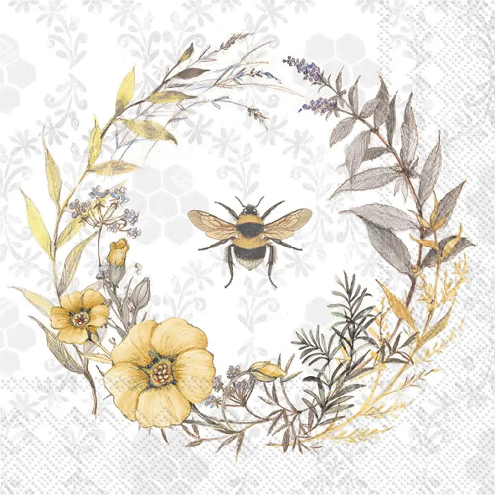 Boston International Bee Wildflower Wreath 3-Ply Paper Napkins 20-Count Lunch Size | Biodegradable & Printed in Germany - main product image