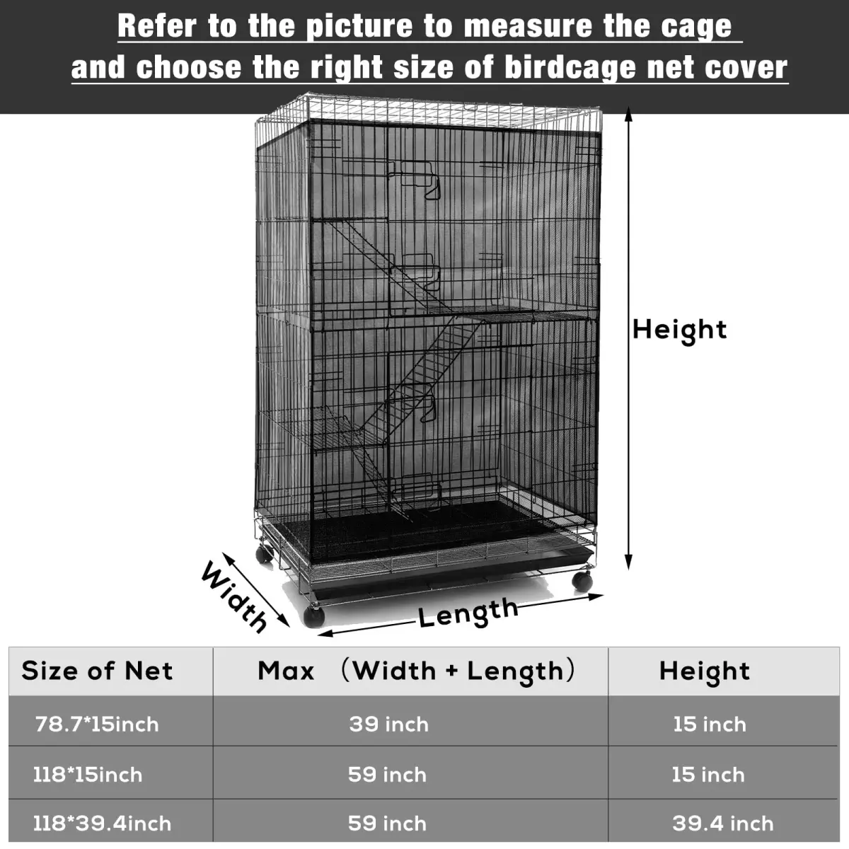 Shappy Black Nylon Mesh Bird Cage Cover 200cm (78.7 Inch) | Breathable & Adjustable for Medium/Small Cages - view 3