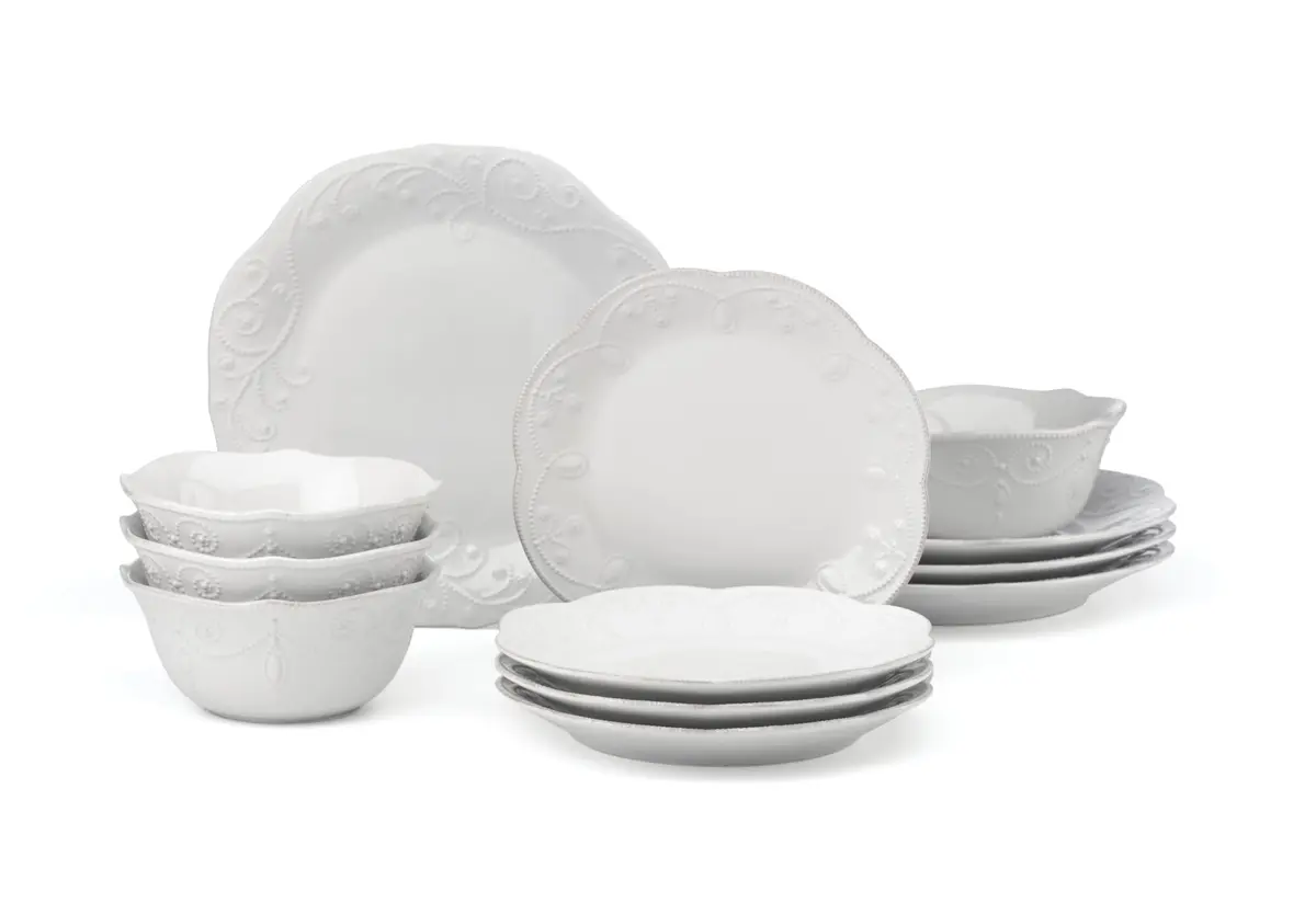 Lenox French Perle White Stoneware Dinnerware Set with All-Purpose Bowls, 12-Piece Set | Durable Ceramic for Everyday & Formal Dining - main product image