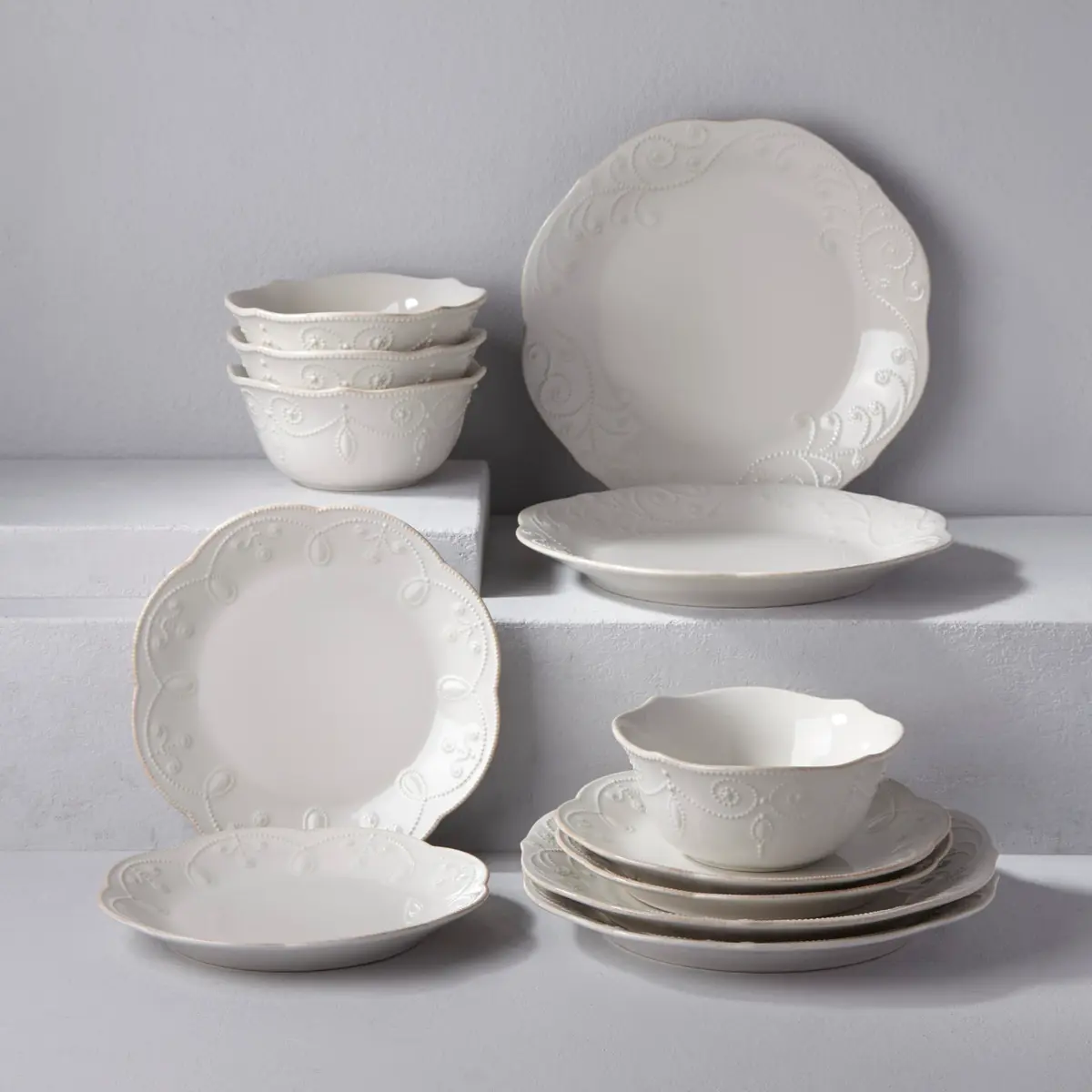 Lenox French Perle White Stoneware Dinnerware Set with All-Purpose Bowls, 12-Piece Set | Durable Ceramic for Everyday & Formal Dining - view 2