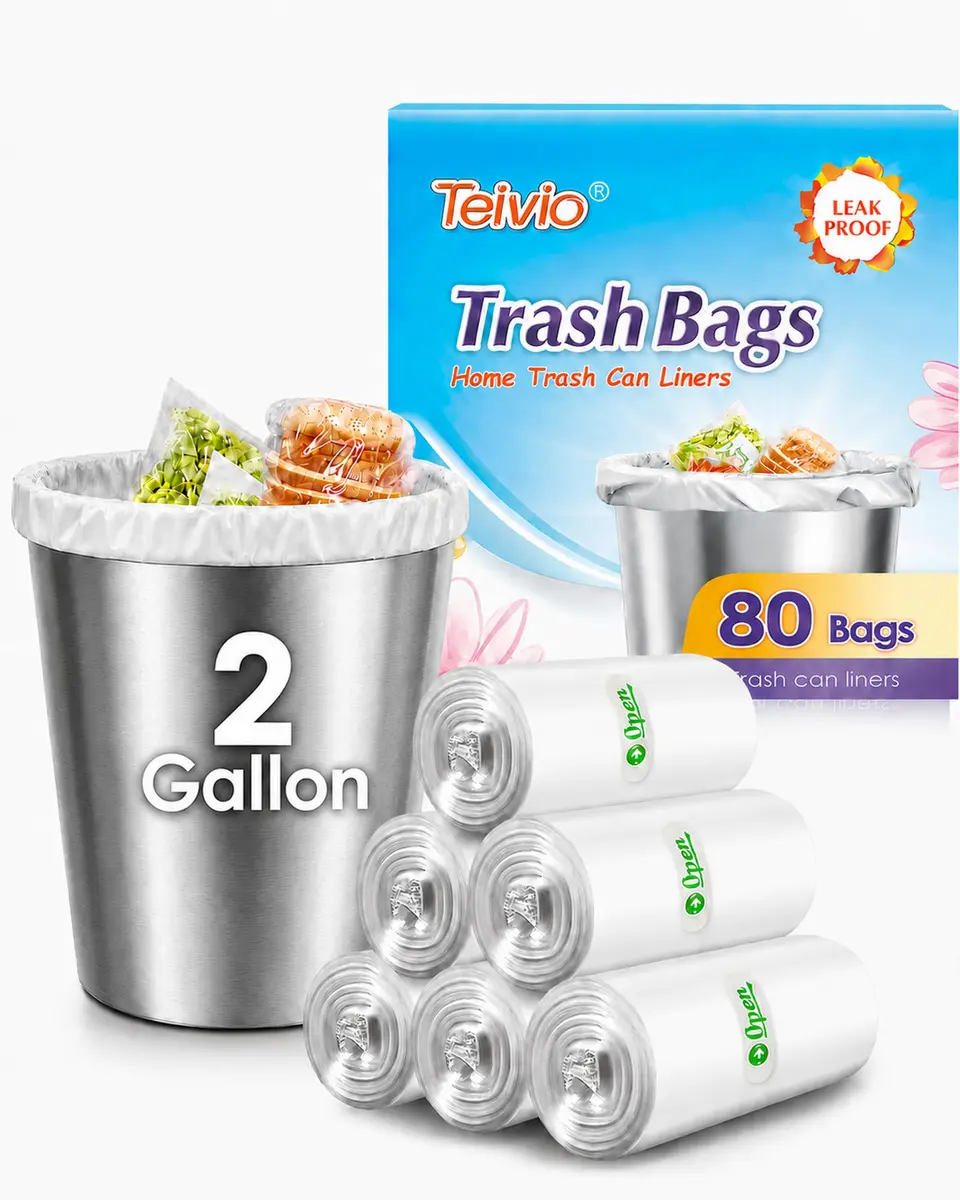 Teivio Small Clear Trash Bags 2 Gallon (7.57 L) 80 Count | Strong HDPE Kitchen & Bathroom Liners - main product image