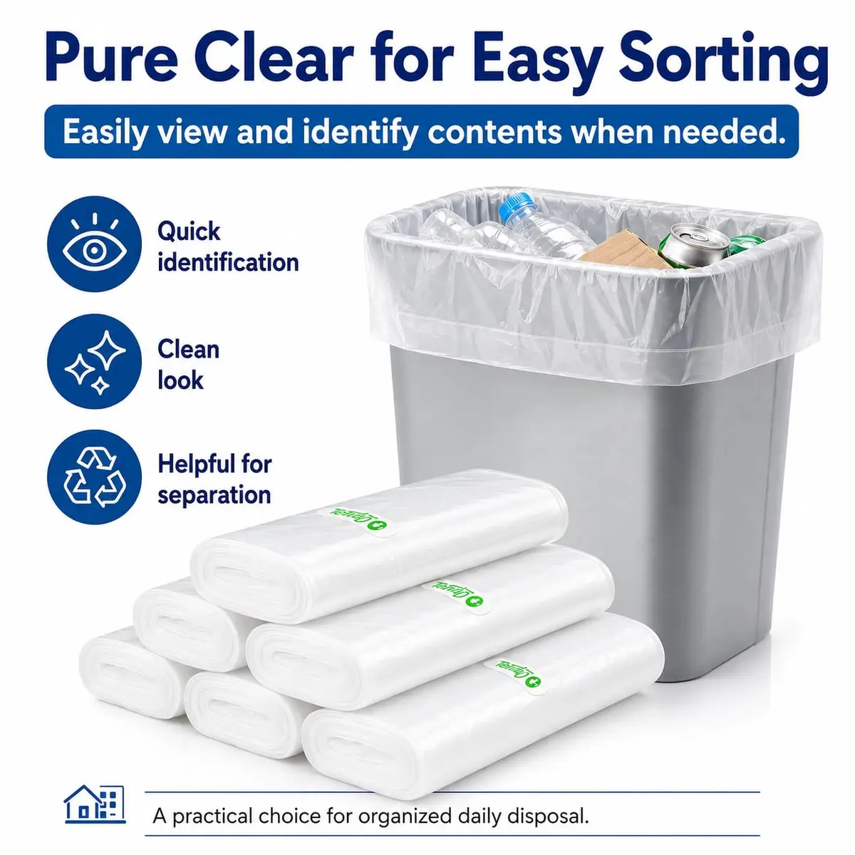 Teivio Small Clear Trash Bags 2 Gallon (7.57 L) 80 Count | Strong HDPE Kitchen & Bathroom Liners - view 5