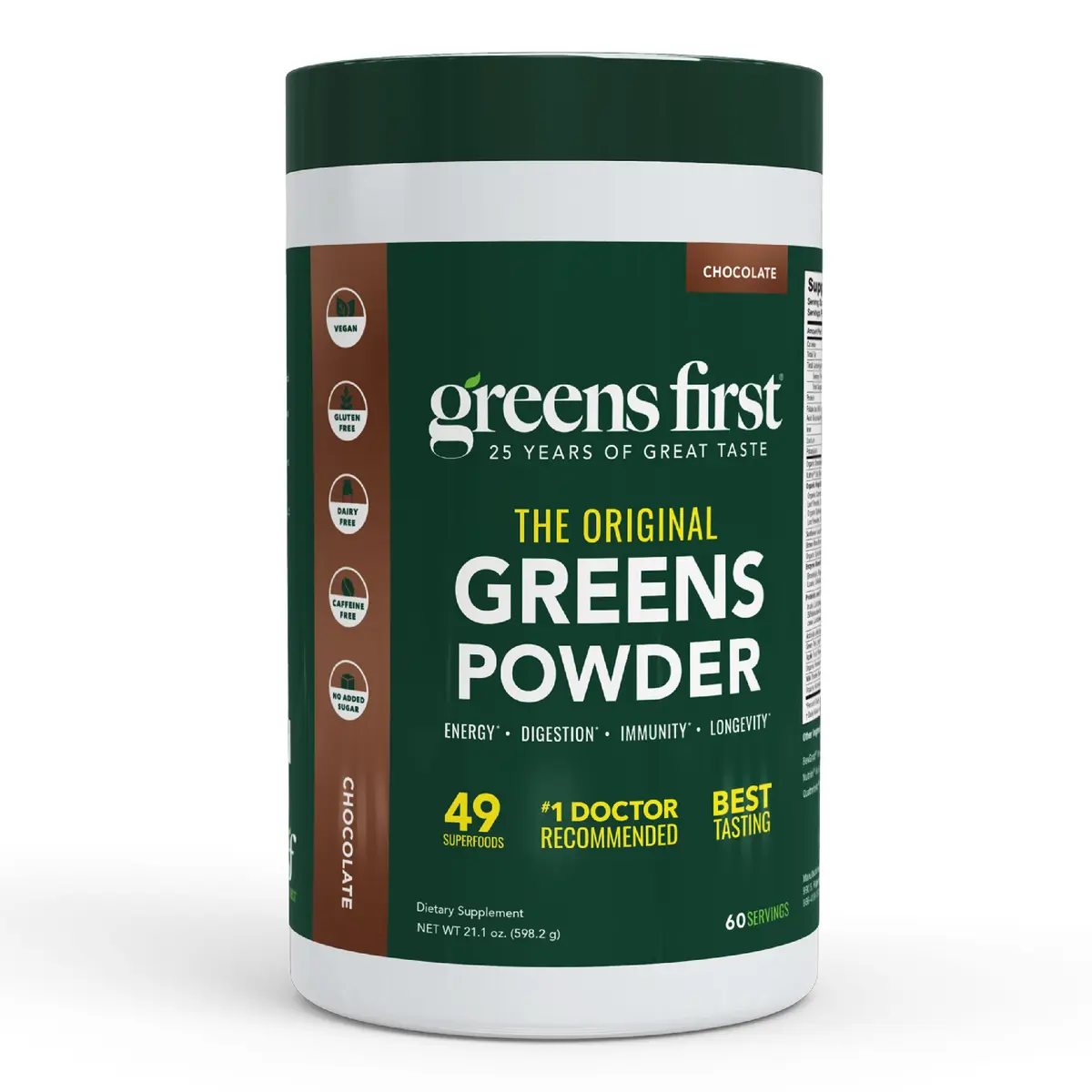 Greens First Original Greens Powder - 49 Superfoods - Organic Fruits & Veggies - Probiotics & Digestive Enzymes - Antioxidant Smoothie - Dairy Free, Vegan & Non-GMO - Chocolate - 60 Servings | Complete Nutritional Support - main product image