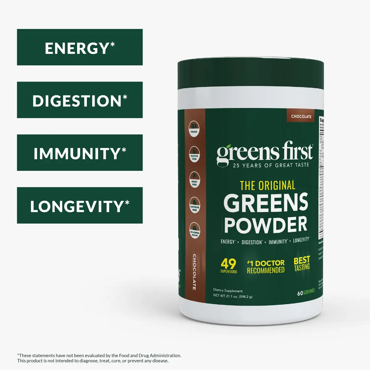Greens First Original Greens Powder - 49 Superfoods - Organic Fruits & Veggies - Probiotics & Digestive Enzymes - Antioxidant Smoothie - Dairy Free, Vegan & Non-GMO - Chocolate - 60 Servings | Complete Nutritional Support - view 2