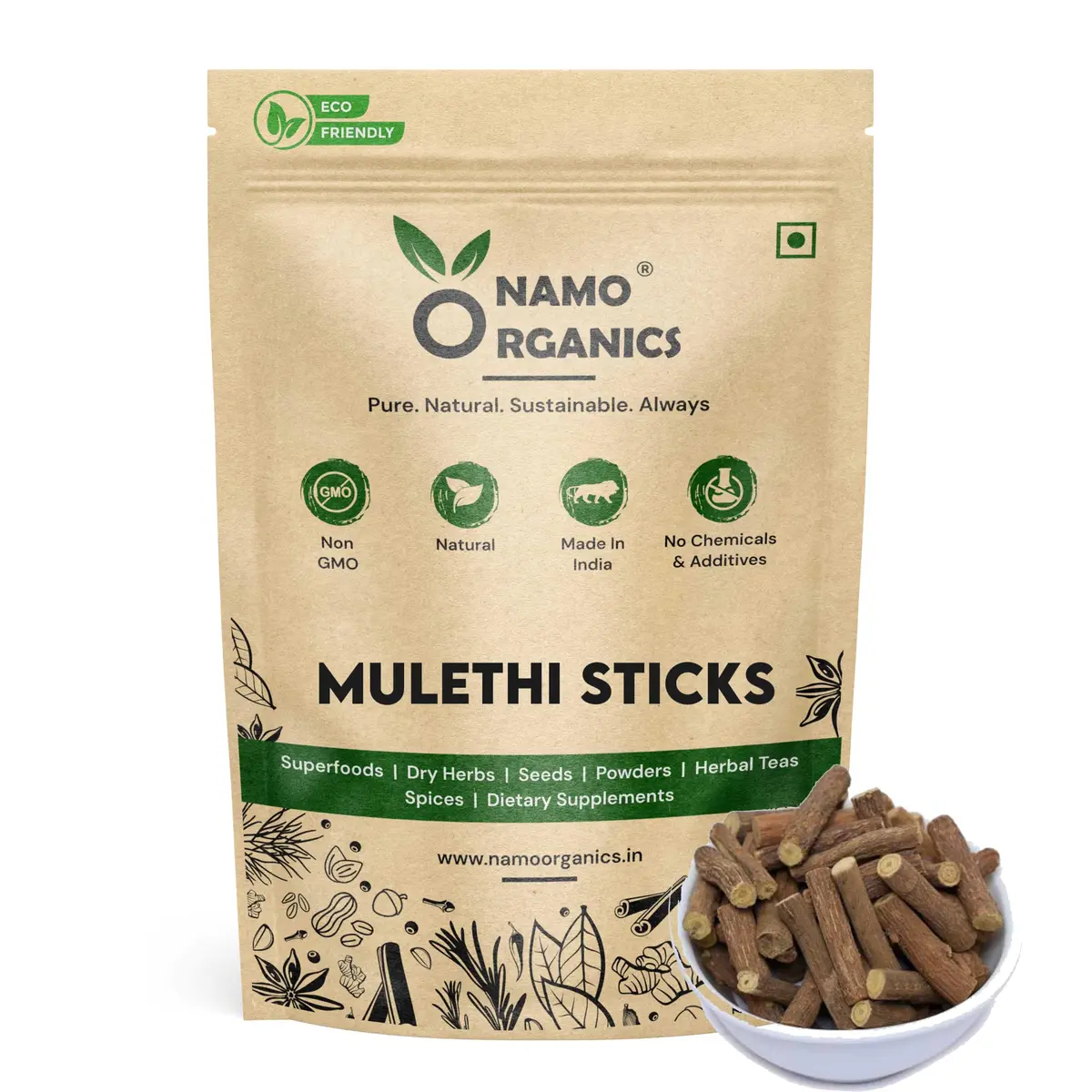 Namo Organics Mulethi Stick for Eating 100g (3.53 oz) | Organic Licorice Root for Throat - main product image