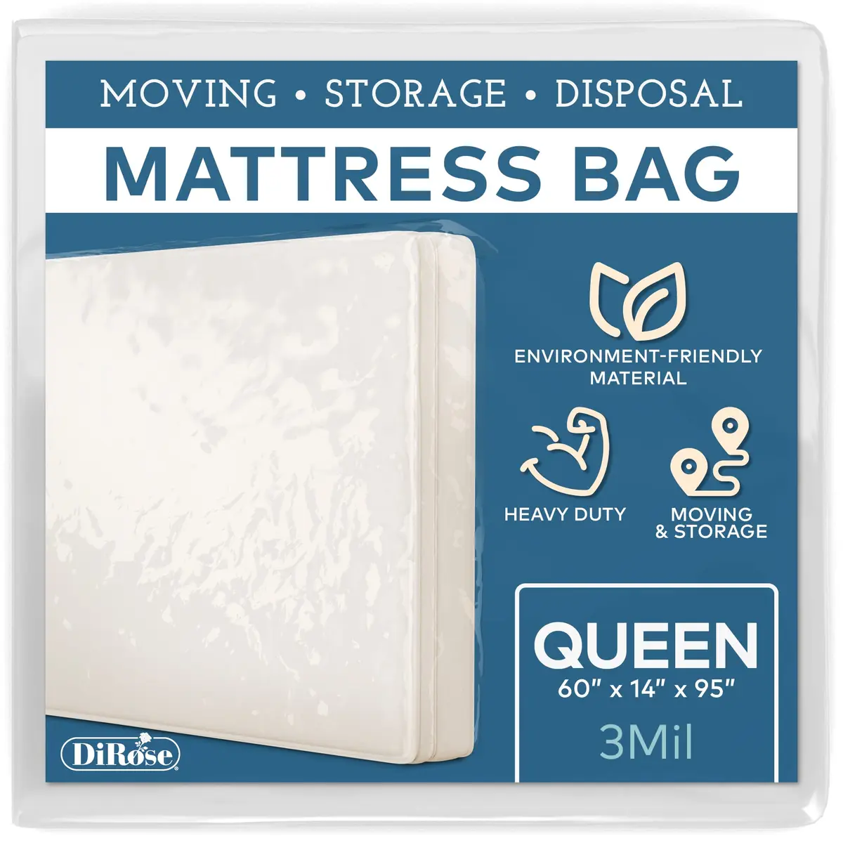 DiRose Clear Mattress Storage Bag for Queen Size - Heavy Duty 3.0 Mil Thick Plastic Protector | Waterproof & Reusable for Moving, Storage, Disposal - main product image