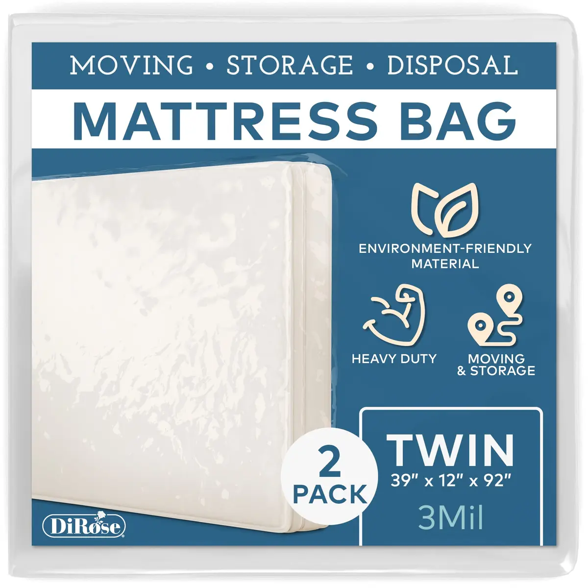DiRose Clear Mattress Storage Bag Twin Size | Heavy Duty 3 Mil Waterproof Protector (2-Pack, 39"x12"x92") - main product image