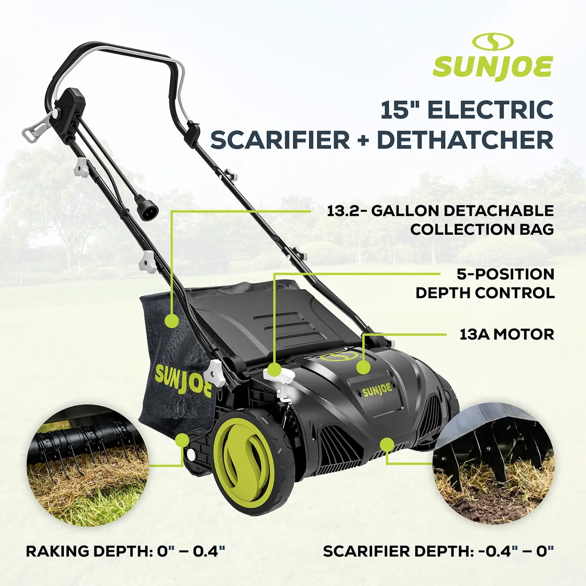 Sun Joe 15-Inch Electric Lawn Dethatcher & Scarifier AJ805E | 13-Amp Power for Lawn Revitalization - view 3
