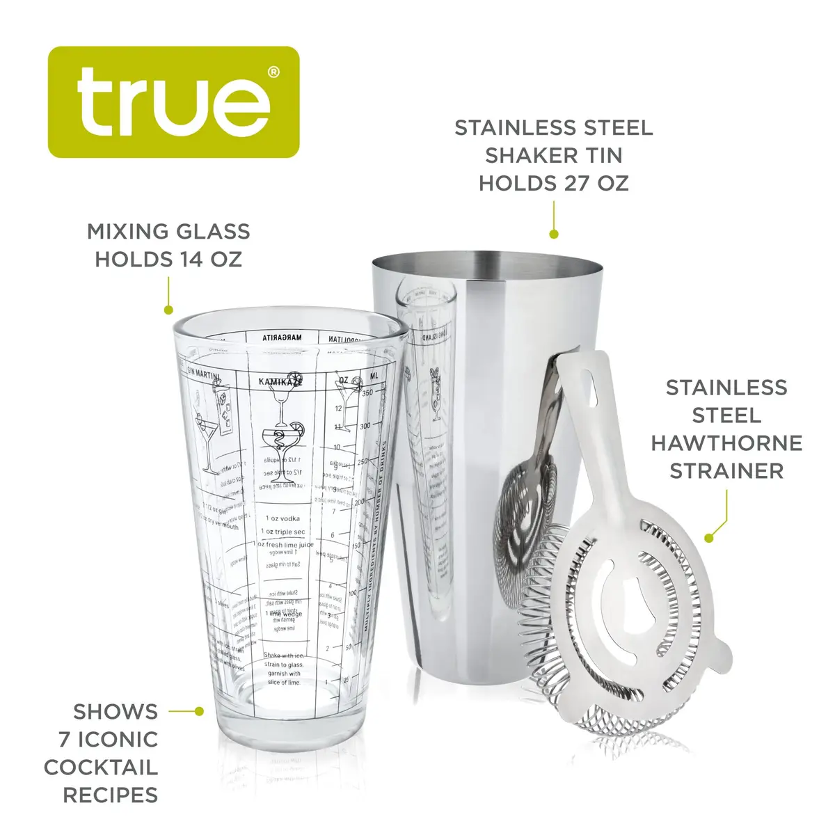TRUE 3-Piece Barware Set for Mixed Drinks and Cold Brew Cocktails | Includes Cocktail Shaker Tin & Recipes - view 2