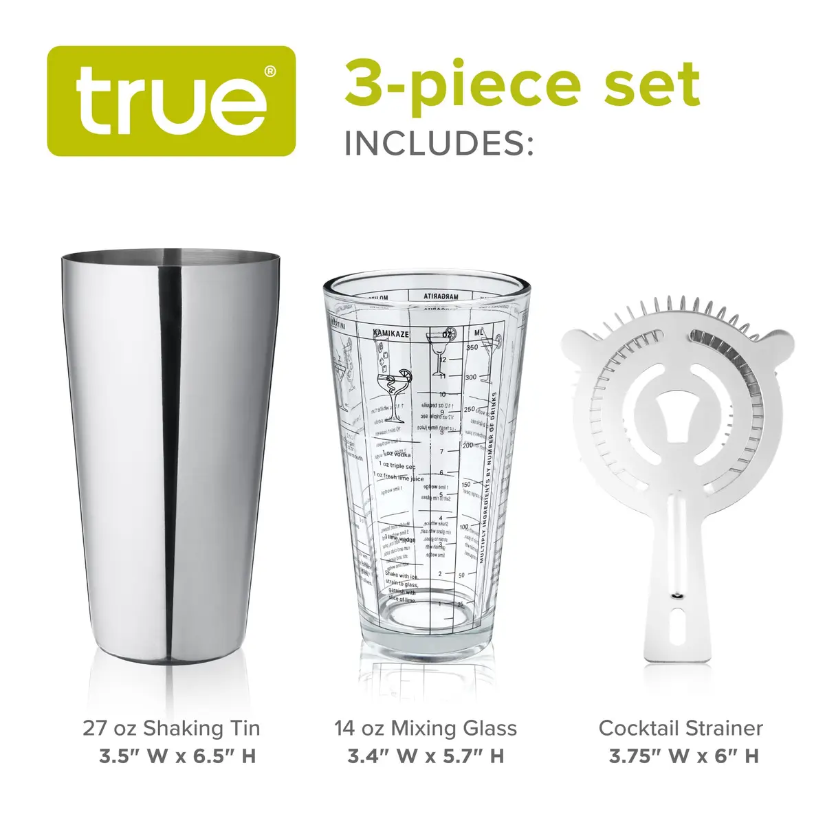TRUE 3-Piece Barware Set for Mixed Drinks and Cold Brew Cocktails | Includes Cocktail Shaker Tin & Recipes - view 3
