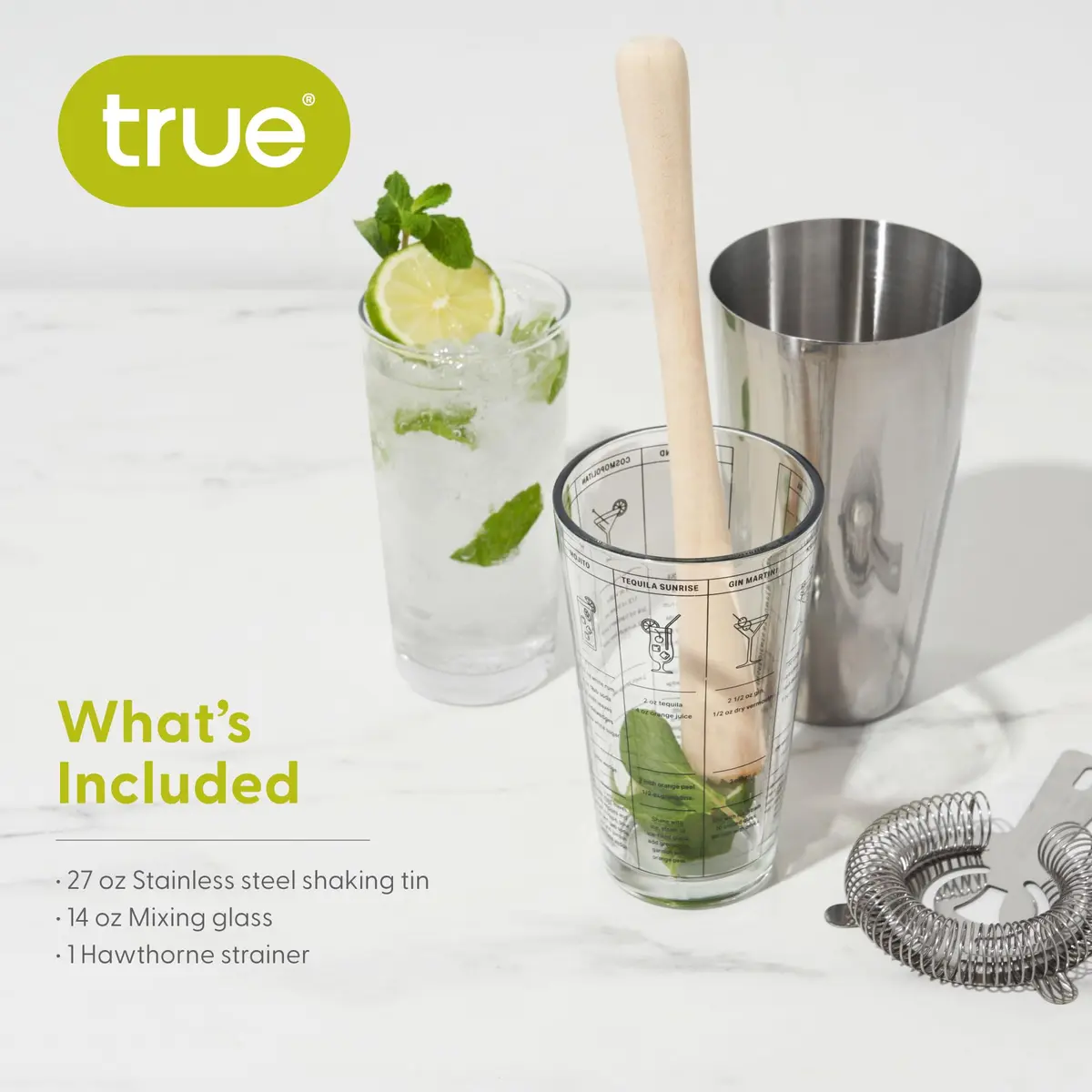 TRUE 3-Piece Barware Set for Mixed Drinks and Cold Brew Cocktails | Includes Cocktail Shaker Tin & Recipes - view 4