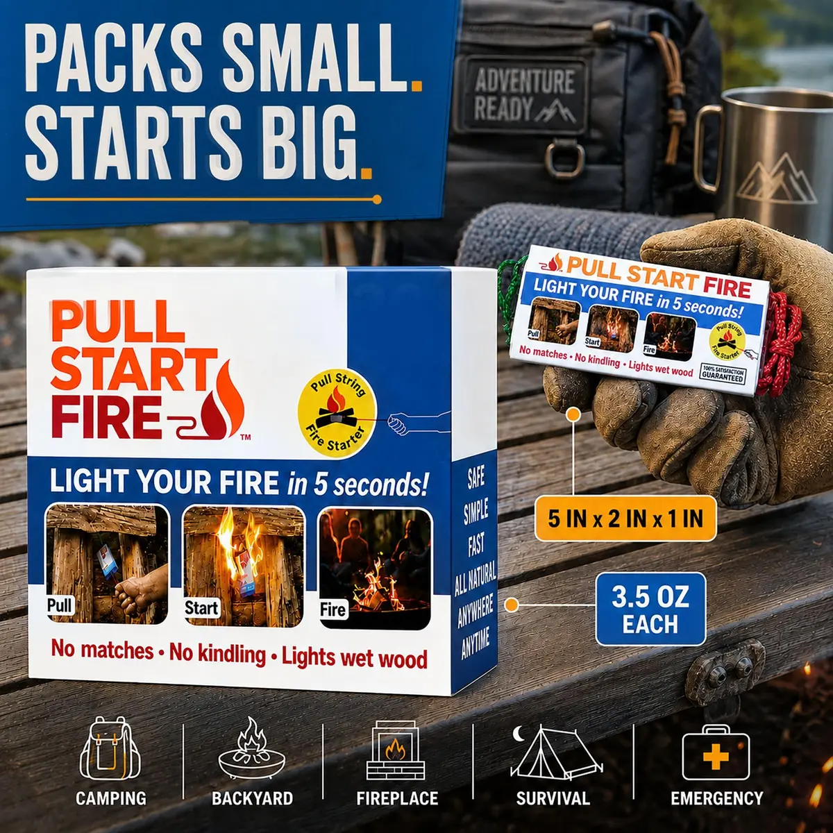 Pull Start Fire Solid Fire Fuel 6 Pack | Waterproof, Windproof, Burns 30 Min - view 6