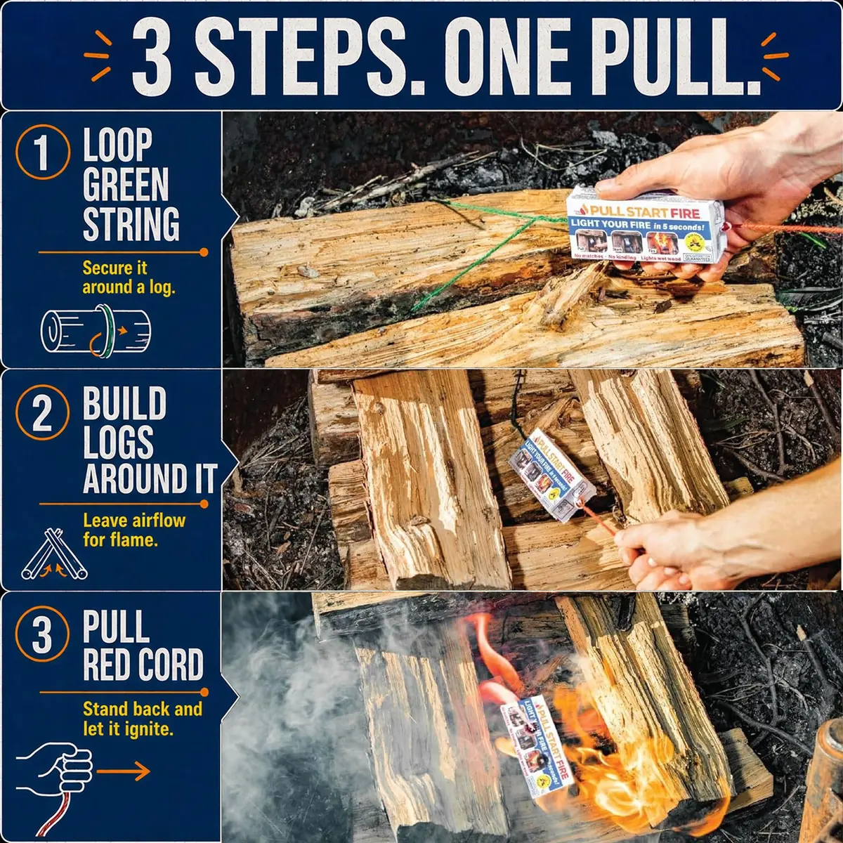Pull Start Fire Solid Fire Fuel 6 Pack | Waterproof, Windproof, Burns 30 Min - view 3