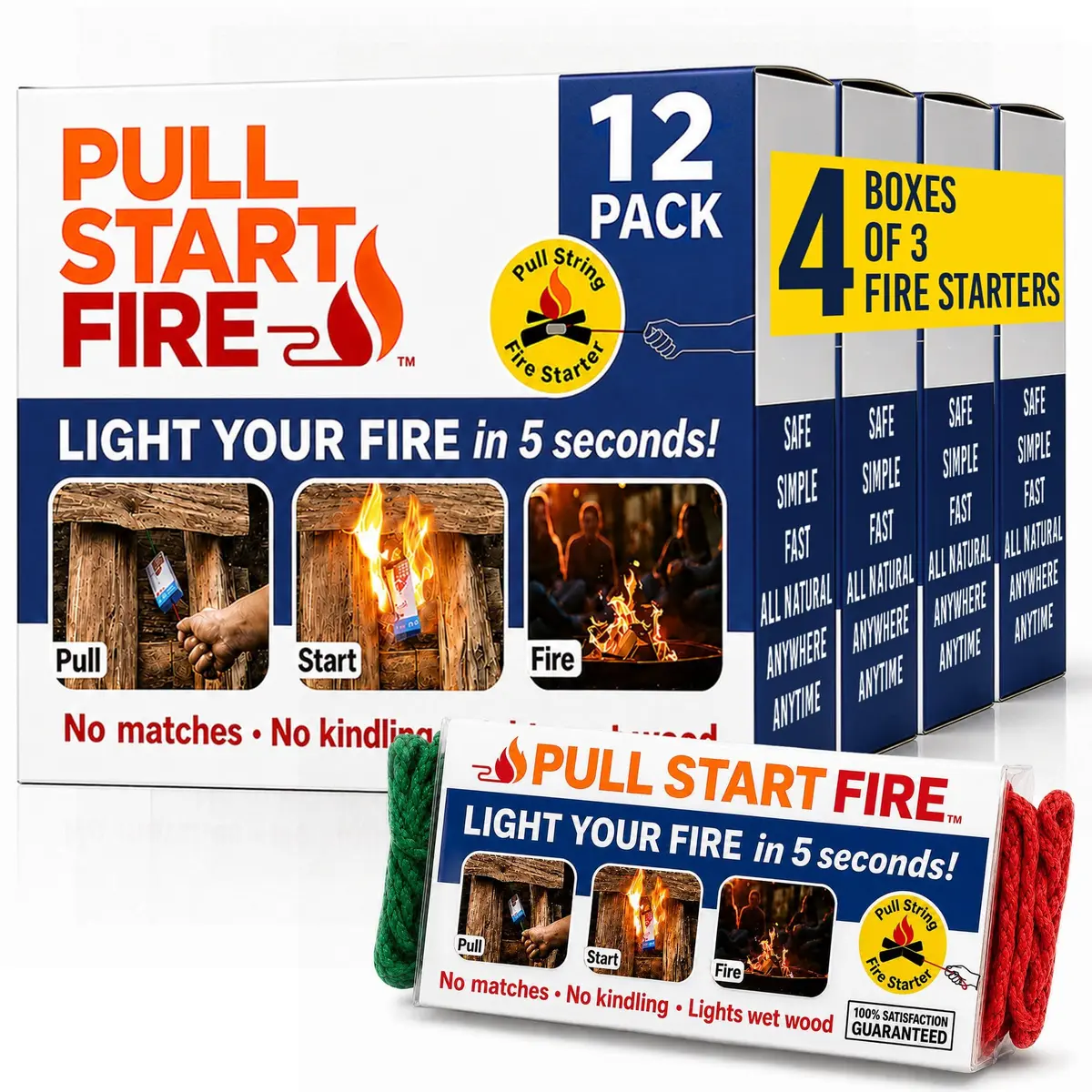 Pull Start Fire Starter, Pull String, No Matches, Lights Wet Wood, 12 Count | Reliable Waterproof Fire Ignition - main product image