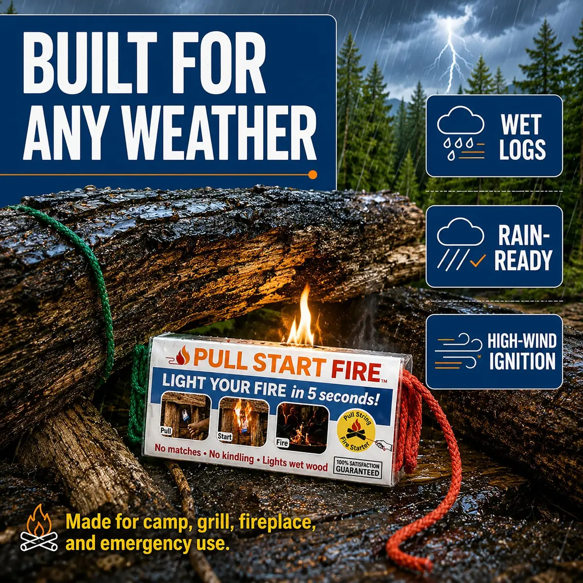 Pull Start Fire Starter, Pull String, No Matches, Lights Wet Wood, 12 Count | Reliable Waterproof Fire Ignition - view 4