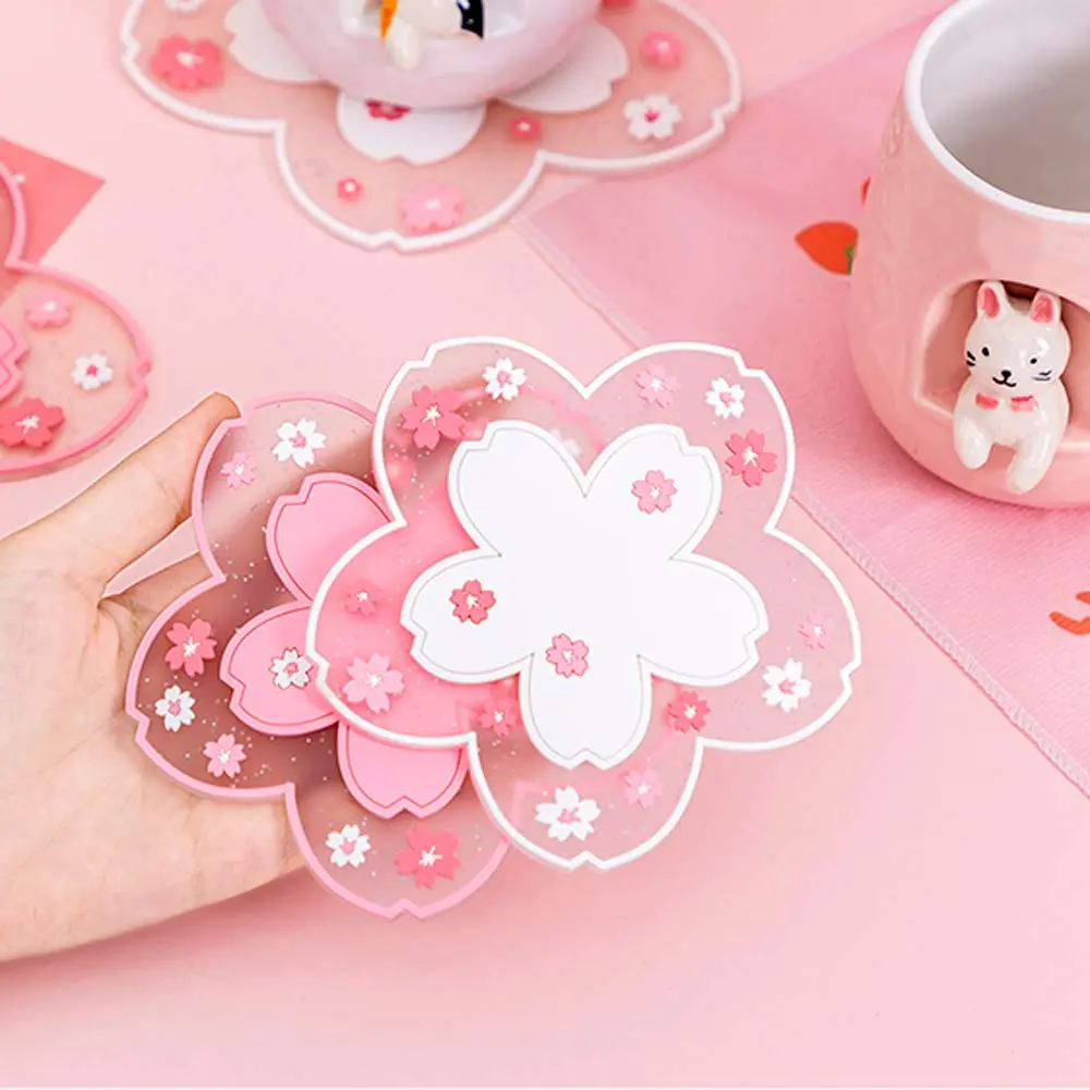 Binoster Cherry Blossom Coaster Set 2PCS 11cm (4.2") | Cute PVC Anti-Skid Drink Table Decor - view 5
