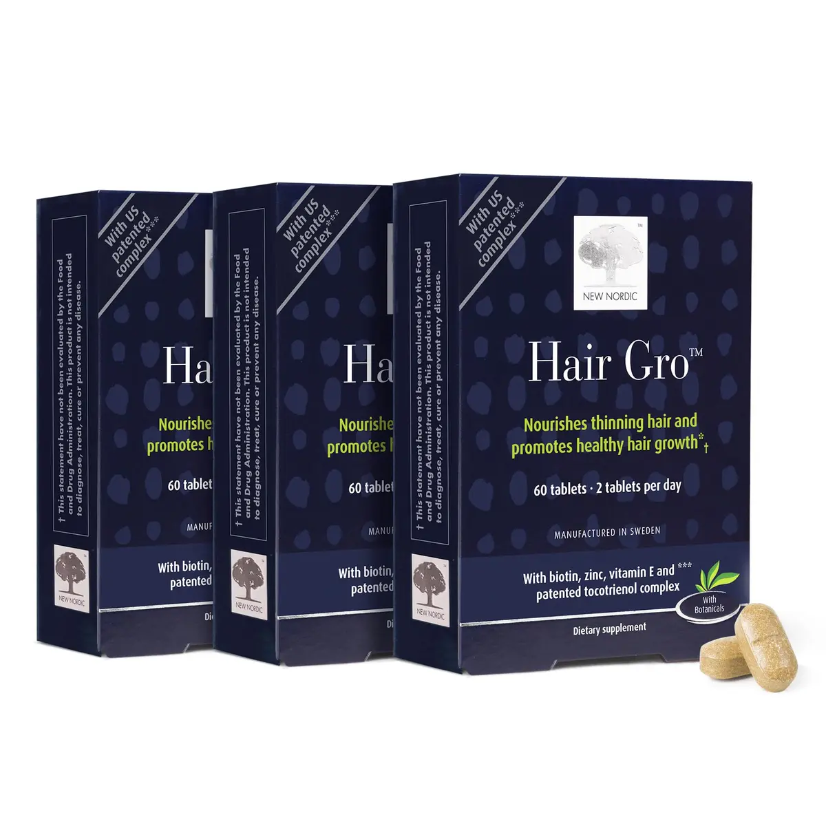 NEW NORDIC Hair GRO Tablets Biotin & Tocotrienol Complex 180 Count | Vegan, Gluten-Free, Scandinavian Quality - main product image