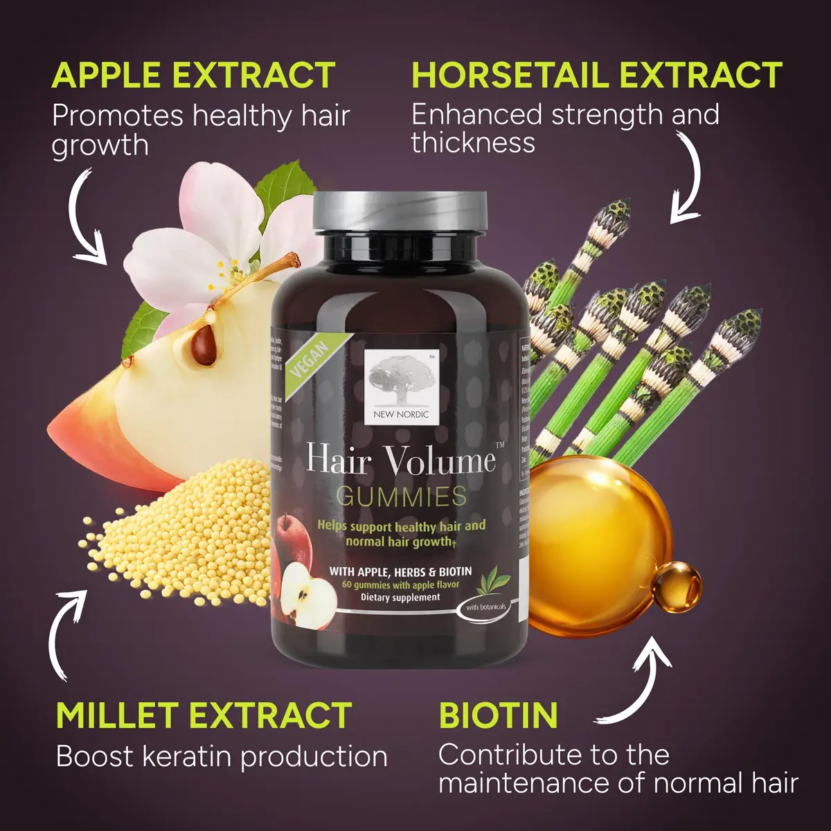 NEW NORDIC Hair Volume Daily Biotin Support Gummies 60 Count (Pack of 3) · Delicious vegan biotin gummies for hair growth - view 6