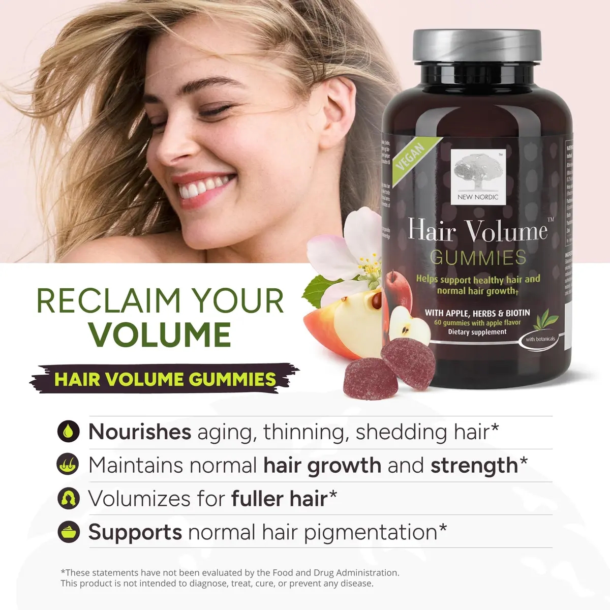 NEW NORDIC Hair Volume Daily Biotin Support Gummies 60 Count (Pack of 3) · Delicious vegan biotin gummies for hair growth - view 3