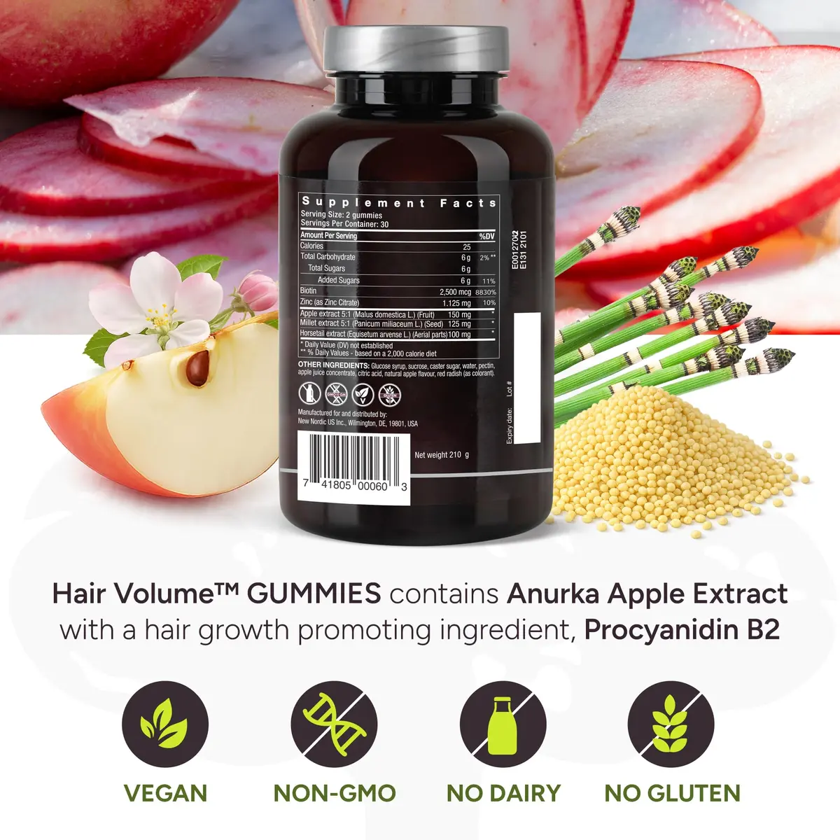 NEW NORDIC Hair Volume Daily Biotin Support Gummies 60 Count (Pack of 3) · Delicious vegan biotin gummies for hair growth - view 4
