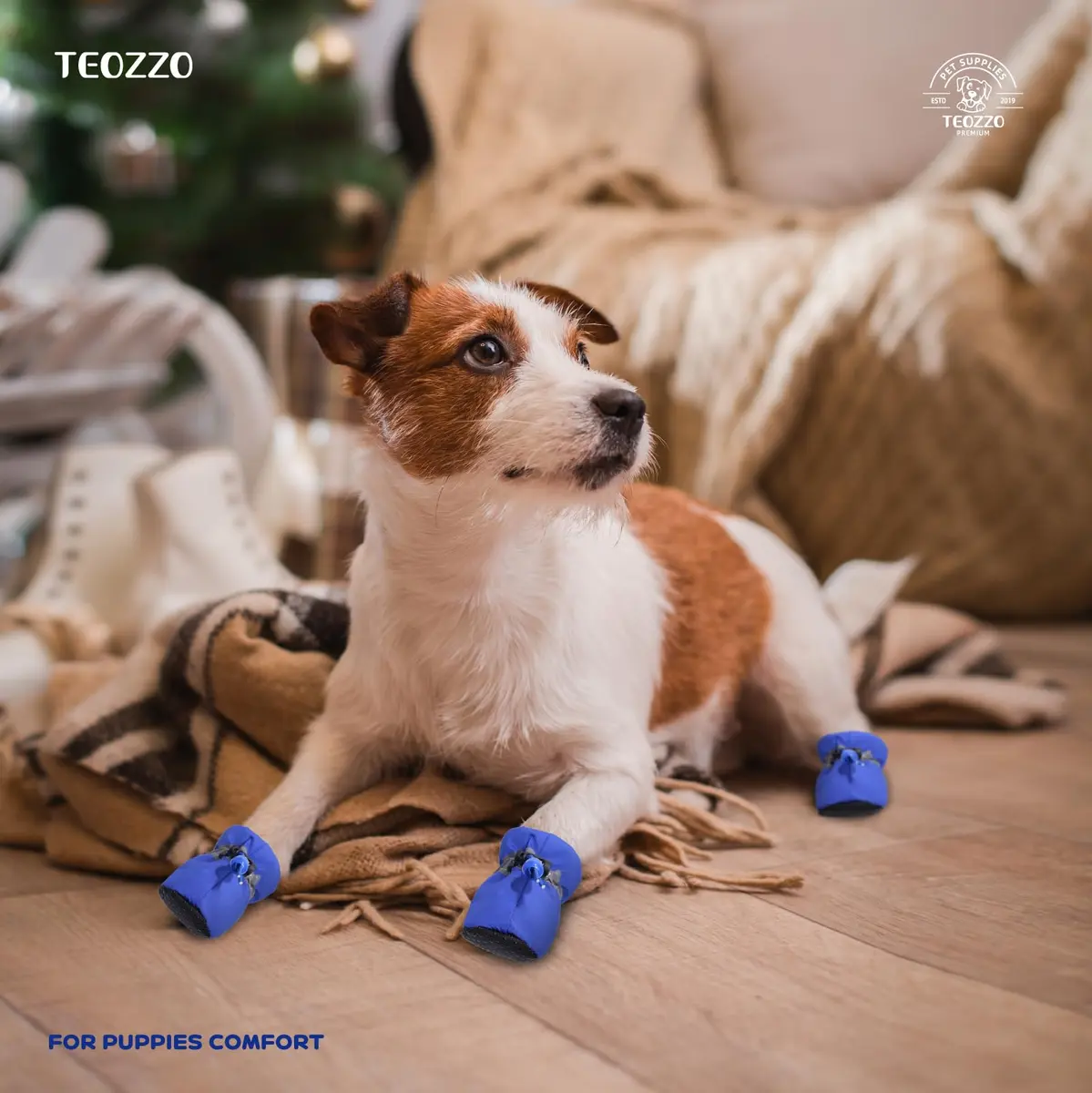TEOZZO Dog Shoes & Paw Protector Size 6 | Non-Slip Winter Dog Booties with Reflective Straps (Blue, 1.96" Width) - view 2