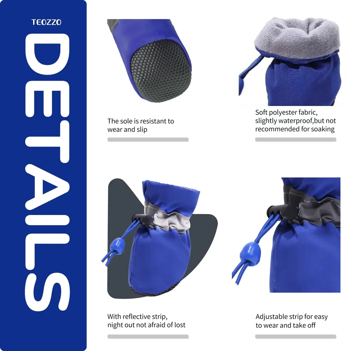 TEOZZO Dog Shoes & Paw Protector Size 6 | Non-Slip Winter Dog Booties with Reflective Straps (Blue, 1.96" Width) - view 4