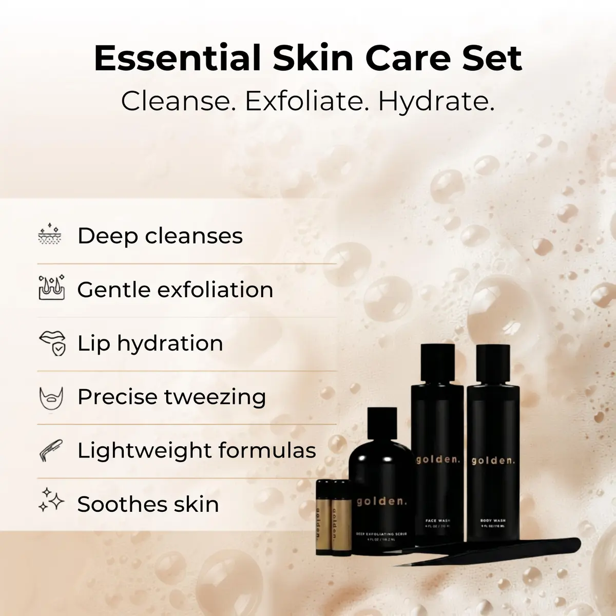 Golden Grooming Co. Essential Skincare Set for Men | Complete Face & Body Care Kit with Face Wash, Exfoliating Scrub, Body Wash, Tweezers & Lip Balms - view 2