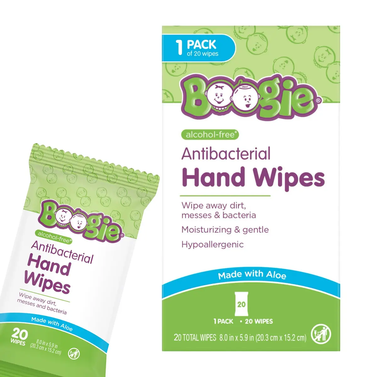 Boogie Antibacterial Hand Wipes - 20 Count | Alcohol-Free, Hypoallergenic, Moisturizing - main product image