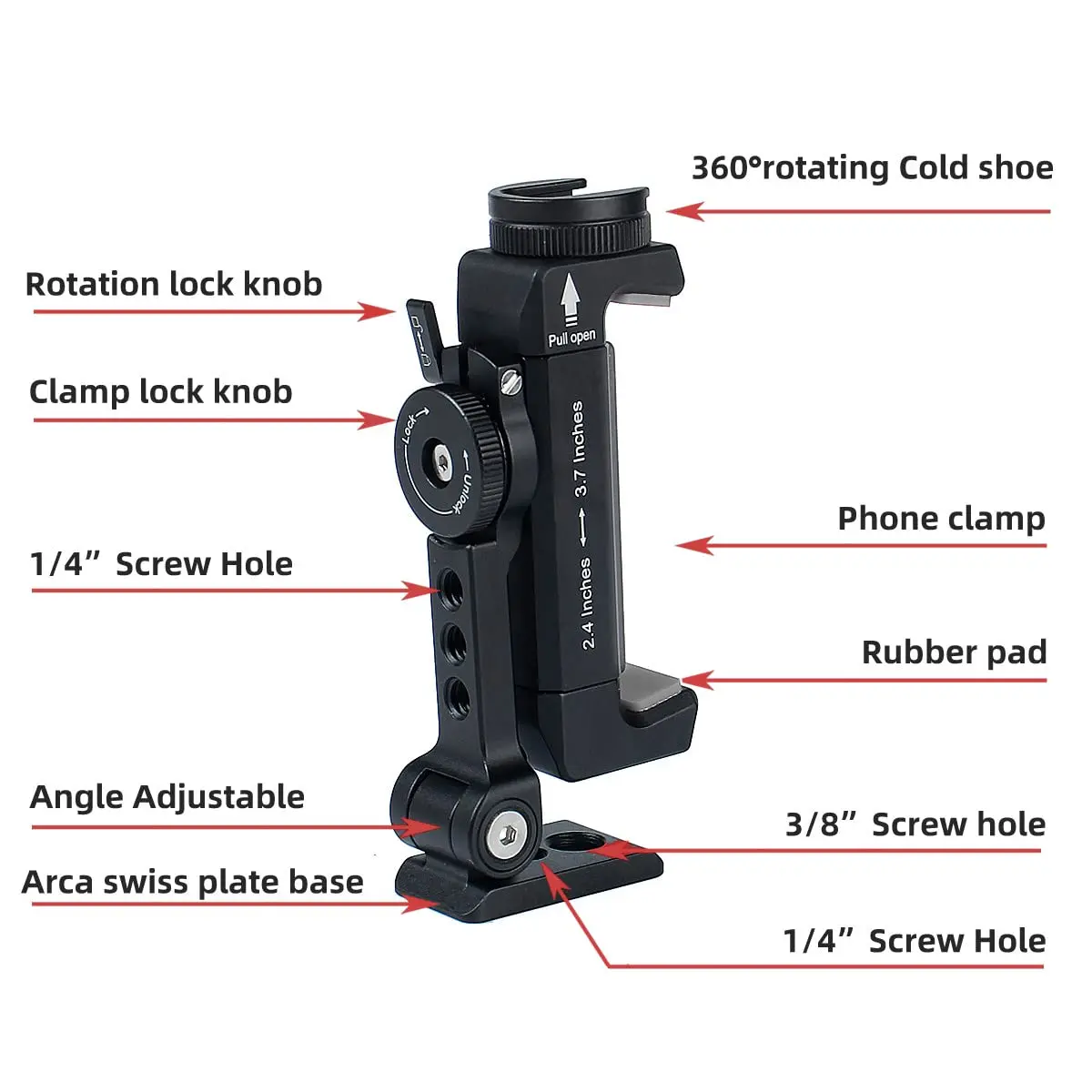 ARNARKOK Metal Phone Tripod Mount with Rotatable Cold Shoe | 360° Swivel & Tilt, Aluminum Body for Vlogging & Live Streaming - view 2