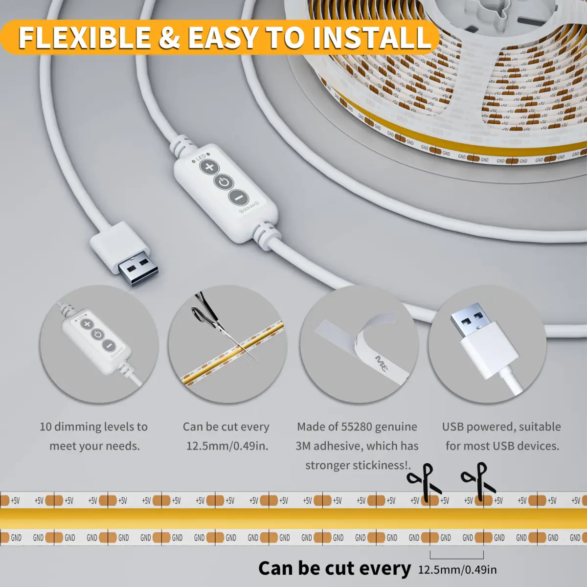 PAUTIX COB LED Strip Light 2m (6.56ft) 640 LEDs 4000K Natural White | Dimmable USB Powered Tape Light for TV Backlight & Home DIY - view 6