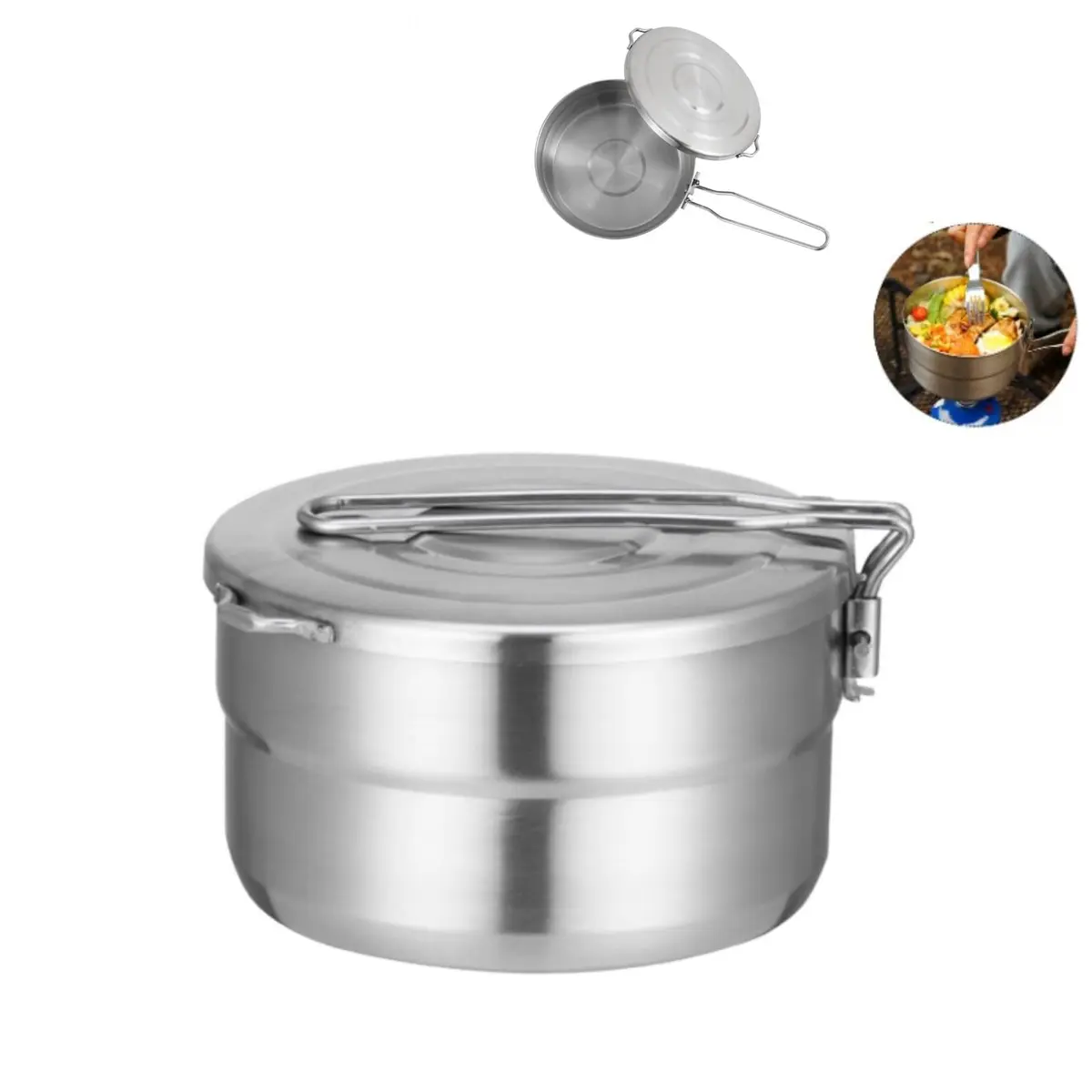 Denpetec 1.5L Stainless Steel Camping Pot with Lid & Folding Handle | Durable Outdoor Cookware (70-120 chars) - main product image
