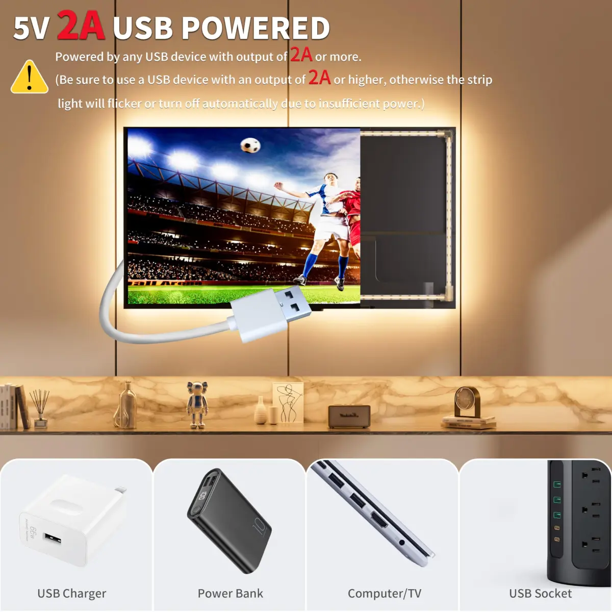 PAUTIX COB LED Strip Lights 2M (6.56ft) Warm White | Dotless Super Bright Dimmable USB Powered for TV Backlight, Under Cabinet, Bedroom, Kitchen Lighting - view 5