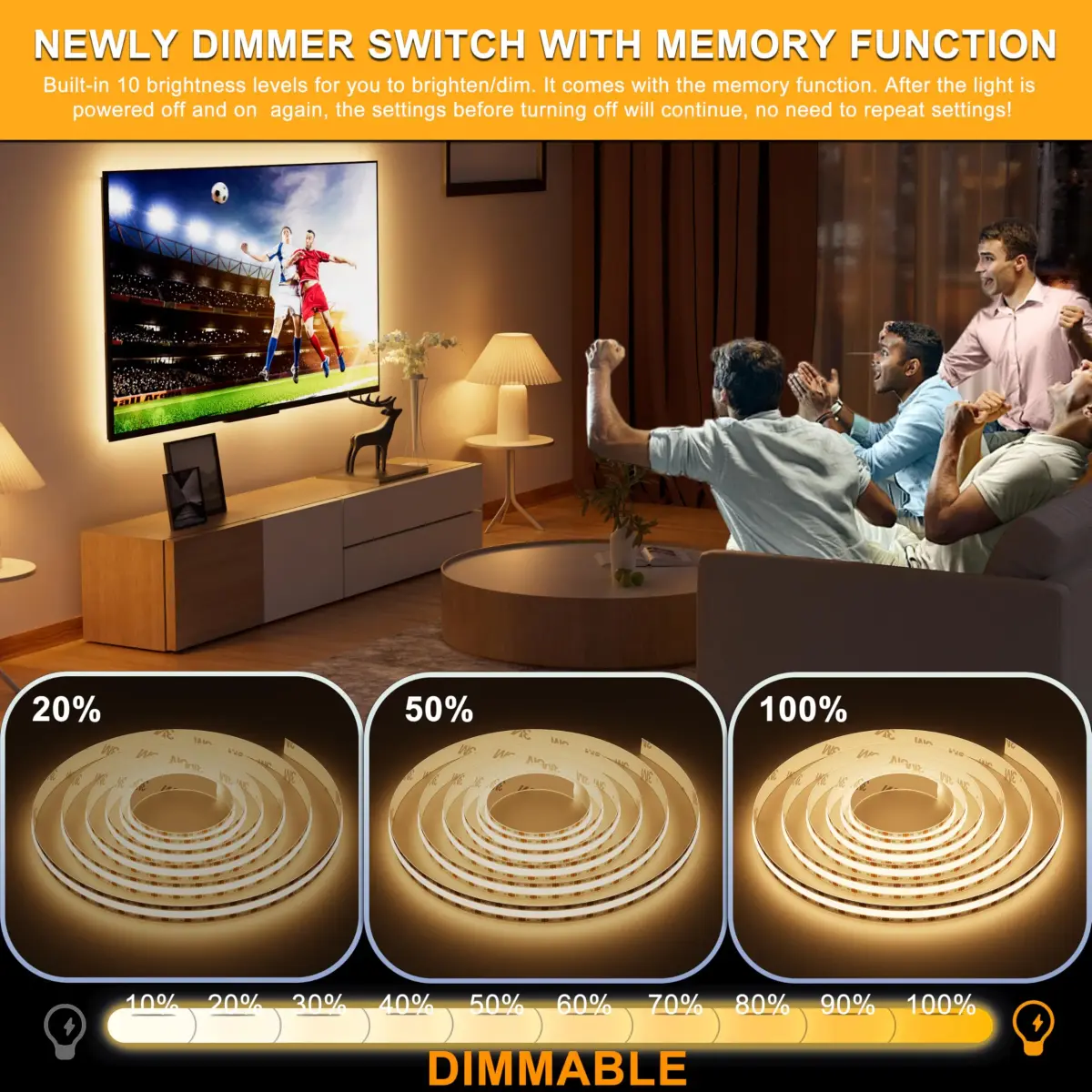 PAUTIX COB LED Strip Lights 2M (6.56ft) Warm White | Dotless Super Bright Dimmable USB Powered for TV Backlight, Under Cabinet, Bedroom, Kitchen Lighting - view 3