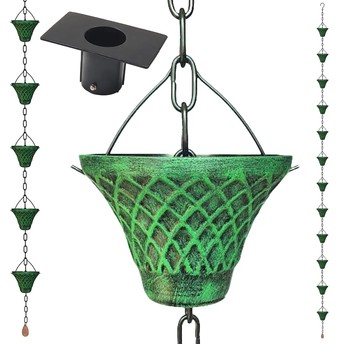 LEPTALINA Bell Rain Chain 2.59m (8.5ft) | Antique Green Iron Garden Decor - main product image