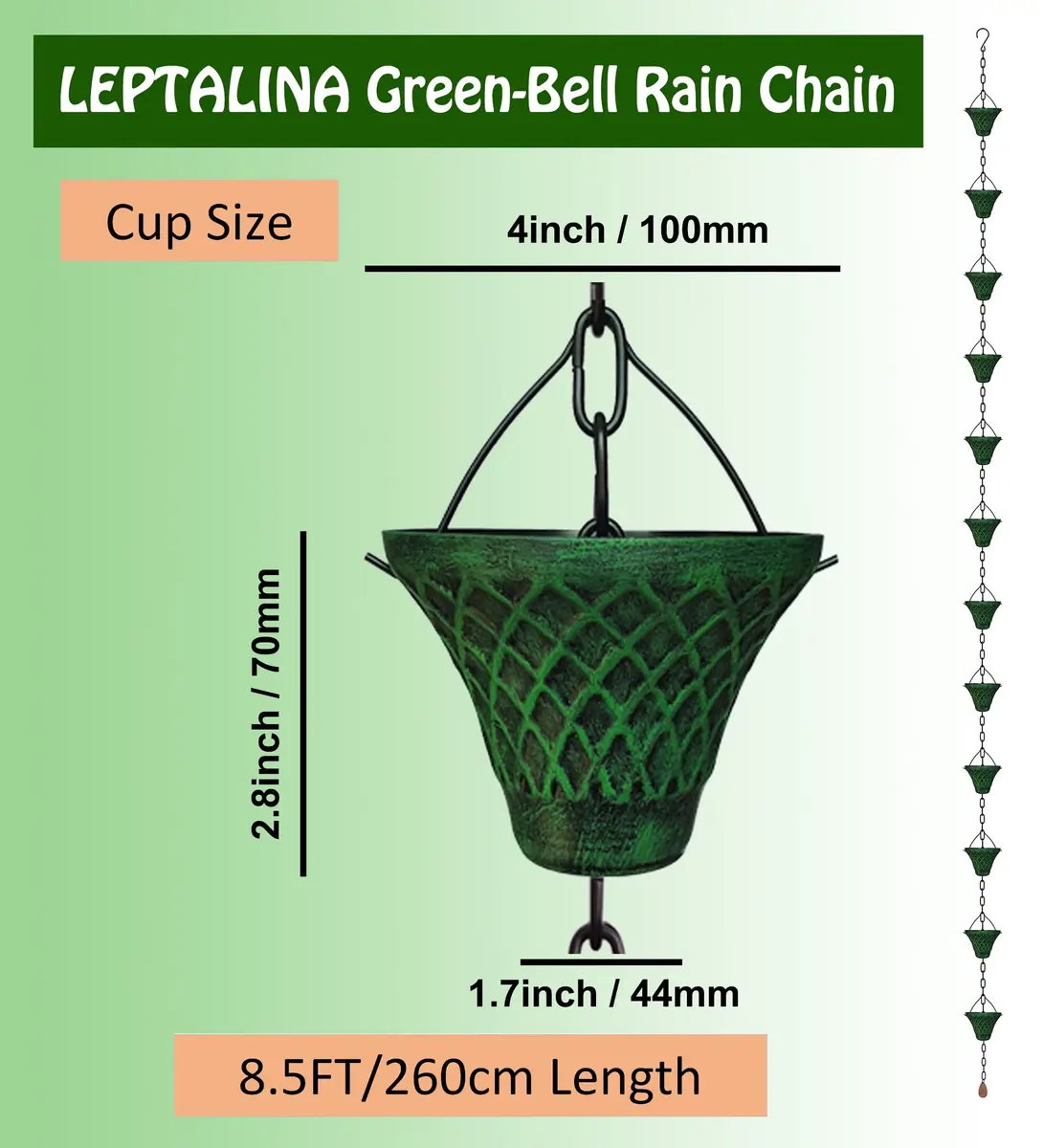 LEPTALINA Bell Rain Chain 2.59m (8.5ft) | Antique Green Iron Garden Decor - view 3