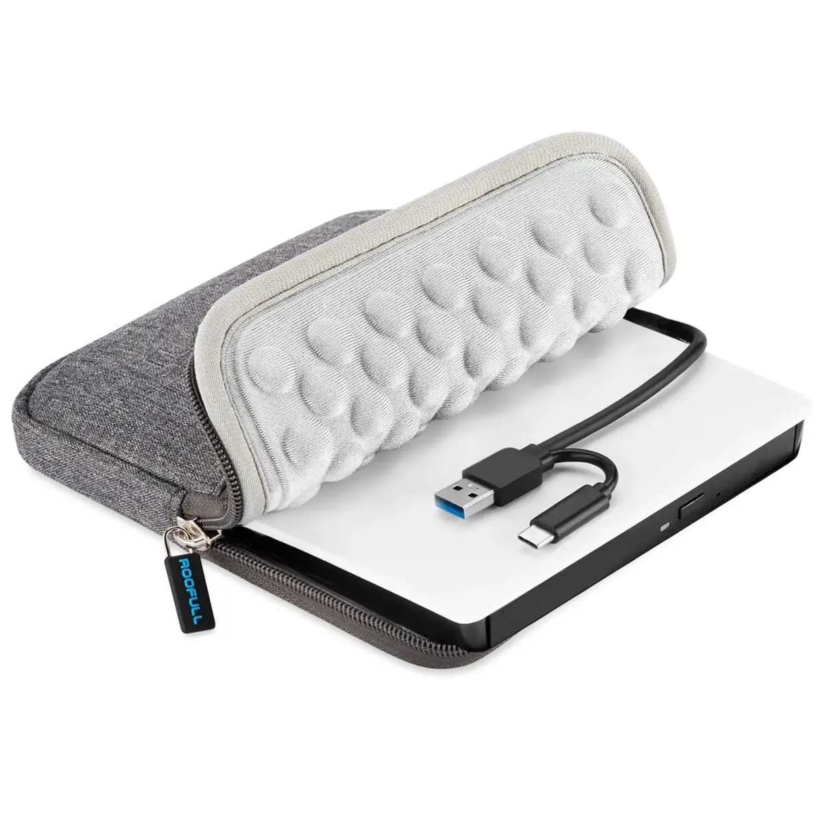 ROOFULL External CD DVD Drive with Carrying Case, USB 3.0/Type-C, 15.7cm x 15.2cm x 1.6cm | Reads & Writes CDs/DVDs - main product image
