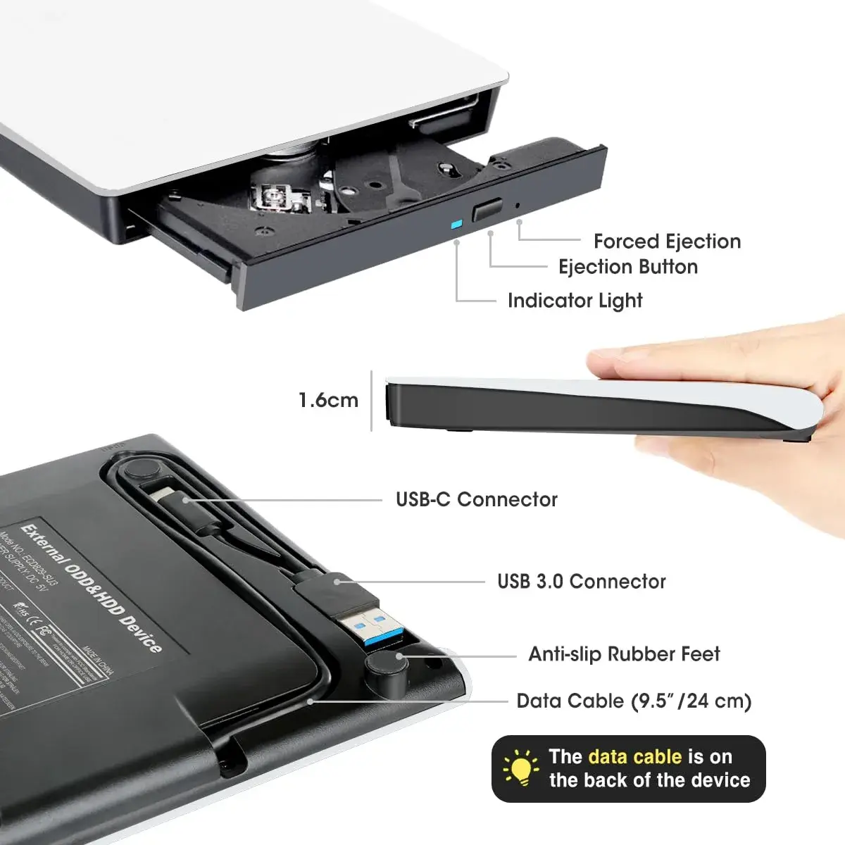 ROOFULL External CD DVD Drive with Carrying Case, USB 3.0/Type-C, 15.7cm x 15.2cm x 1.6cm | Reads & Writes CDs/DVDs - view 5